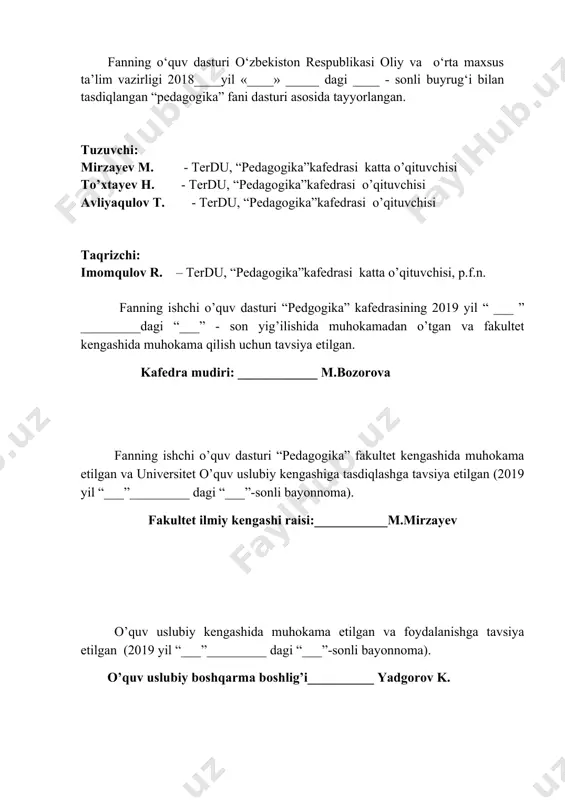 iya va pedagogik akmeologiya, pedagogik konfliktologiya va virtual pedagogika kabi pedagogika fanining yangi tarmog‘i sifatida) ning nazariy asoslariga oid bilimlar, shuningdek o‘quv tarbiya muassasalarida ta’limiy va ma’naviy - ma’rifiy ishlarni samarali tashkil qilish uchun zarur bo‘lgan ko‘nikmalar bilan qurollantirishdan iborat. fanning maqsadi va vazifalari fanni o‘qitishdan maqsad: ta’lim va tarbiya jarayonida pedagogikaning yangi tarmoqlaridan foydalanish, o‘z pedagogik faoliyatini rejalashtirish,ta’lim muassasalarida o‘qitish va tarbiyalashning zamonaviy metod va texnologiyalarini qo’llash, o‘quvchini rag‘batlantirish, uning faoliyatini nazorat qilish, iste’dodi, iqtidorini ro‘yobga chiqarish bo‘yicha tadbirlar ishlab chiqish, ,o‘quvchilar bilimini baholash, ota-onalar, jamoa, o‘quvchilar bilan yakka va guruh bo‘lib ishlash, o‘quvchilar guruhlarini boshqarish ko‘niklalariga ega bo’lishi lozim. tahlim va tarbiyaning dolzarb muammolari o‘quv kursi talabalarning psixologiya, yosh fiziologiyasi va maktab gigiyenasi bo‘yicha oldingi tayyorgarlik darajasini hisobga oladi va pedagogik bilim hamda ko‘nikmalarni puxta egallash uchun asos yaratadi. fanning vazifasi: talabalarga umumiy pedagogika nazariyasi va tarixi fani asosida egallagan bilimlarini таълим ва тарбиянинг долзарб муаммолари, pedagogik aksiologiya …