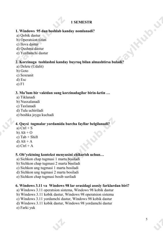 5. windows da kontekst menyu kanday chaqiriladi? a) sichqon chap tugmasi yordamida b) sichqon o’ng tugmasi yordamida c) pusk tugmasi yordamida d) provodnik yordamida e) masalalar qatori yordamida 16. windows da papka qanday yaratiladi? a) kontekst menyu/ sozdat yarlik b) kontekst menyu/ sozdat papku c) kontekst menyu/ svoystva izmenit znachok d) kontekst menyu/ svoystva yarlik e) pusk/ programmi 17. tamg’aga belgi tanlash uchun a) pusk / dokumenti b) kontekst menyu/ sozdat papku c) kontekst menyu / svoystva - izmenit znachok d) kontekst menyu / svoystva yarlik e) pusk / programma 18. qaysi bo’lim windows bosh tavsiyanomasiga tegishli emas? a) programma b) izbrannoe c) dokumenti d) nastroyka e) vstavka 8 19. dastur nima? a) kompyuter tilida yozilgan algoritm b) buyruq c) interfeys d) kompyuter bilan inson mulokoti e) kompyuterni yokish va uchirish 20. xujjatni saklash dialog darchasida nimalar kiritiladi (ko’rsatiladi)? a) nomi, tipi, urni b) tipi,urni c) nomi,tipi d) nomi, urni …