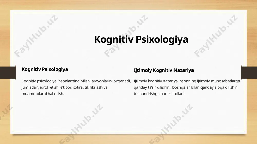 ish (self-efficacy) tushunchasi juda muhim. bu — insonning o'z imkoniyatlariga, maqsadlariga erishishdagi qobiliyatiga bo'lgan ishonchi. o'z-o'zini samarali qabul qilish yuqori bo'lsa, shaxs yangi vaziyatlarga moslashishga va yangi narsalarni o'rganishga tayyor bo'ladi. yuqori o'z-o'zini samarali qabul qilish — shaxsni yangi vaziyatlarga kirishga, yangi muammolarni hal qilishga undaydi. past o'z-o'zini samarali qabul qilish — insonni noaniqlikdan va muvaffaqiyatsizlikdan qo'rqishga olib keladi. 1.3 ijtimoiy ta'sirlar (social influence) ijtimoiy kognitiv nazariyada odamlarning boshqalar tomonidan qanday ta'sirlanishi ham muhim ahamiyatga ega. boshqalar bilan o'zaro aloqalar, ijtimoiy guruhlar va jamiyatdagi rollar ijtimoiy kognitiv jarayonlarga katta ta'sir ko'rsatadi. masalan, odamlarning xulq-atvori ijtimoiy qoidalarga, normallarga va boshqalar tomonidan kutgan xatti-harakatlariga asoslanadi. 6 ijtimoiy idrok 1 ijtimoiy idrok – bu boshqalarni tushunish va ularning xulqini bashorat qilish qobiliyatidir. 2 ijtimoiy idrokda birinchi taassurot, xulqni talqin qilish, motivlarni tushunish va boshqalarni baholash jarayonlari mavjud. 3 ijtimoiy idrok bizning xulqimizni boshqarish, o‘zaro munosabatlarni shakllantirish va ijtimoiy dunyoda muvaffaqiyatga erishish uchun muhimdir. …