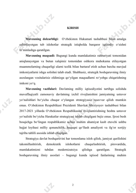 gani bejiz emas. ijrosi besh bosqichga boʻlingan respublikamiz uchun muhim ahamiyat kasb etuvchi ushbu hujjat loyihasi milliy qonunchilik, huquqni qoʻllash amaliyoti va ilgʻor xorijiy tajriba tahlili asosida ishlab chiqilgan. strategiya davlat boshqaruvini har tomonlama isloh qilish, jamiyat qurilishini takomillashtirish, demokratik islohotlarni chuqurlashtirish, pirovardida, mamlakatimizni tubdan modernizatsiya qilishga qaratilgan. strategik boshqaruvning ilmiy asoslari – bugungi kunda iqtisod fanlarining muhim sohalaridan biridir. chunki tarmoq va korporativ darajada, hududlar va yirik megapolislarda rivojlangan mamlakatlarning davlat boshqaruviga doir tajribasini umumlashtiradi va tartibga soladi. butun insoniyat tarixida iqtisodiyotga qiziqish, lining qanday soha ekanligini tushunib yetishga katta e’tibor qaratilgan. jamiyat hayotida haqiqatdan ham “iqtisod” so’zi ko’pdan-ko’p uchraydi, ayrim hollarda esa awal iqtisod, so’ngra siyosat tushunchasini ishlatadilar. insonning iqtisodiy sa’y-harakatlari negizida liamislia qonun-qoidalar yotadi. bu qonun-qoidalarga amal qilish iqtisod hayotning rivojlanishiga ko’maklashadi, ya’ni ulardan to’g’ri foydalanishsa ijobiy va aksincha, noto’g’ri foydalanilganda esa salbiy natija berishi mumkin. iqtisodiy qonunlar iqtisodiy hayotning, iqtisodiy hodisa va jaroyonlaming turli asosiy tomonlari …