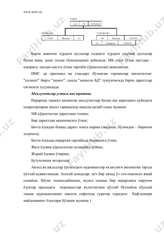 мотлар билан тўлдиришга йўналтирилса, у ҳолда унинг структураси жуда оддий бўлади. лекин, мбни тузишнинг асосий талабларидан бири – бу бошқа моҳият қиймати бўйича битта моҳиятни излаб топиш имкониятини таоминлашдир. бунинг учун улар орасида алоқани аниқлашни ташкил этиш зарур. реал маълумотлар базасида юзлаб ёки минглаб моҳиятлар бир бири билан миллионлаб алоқа ўрнатиши камдан-кам бўлади. бундай алоқалар тўплами инфомантиқий моделнинг мураккаблигини аниқлайди. адабиётлар: 1. каримов а “microsoft access билан дастлабки танишув”тдюи 2005 2. анатолий хомокенно “microsoft access 2002” экспресс курс петербург 2005. 3. “учебник по access” составителғ. джалилов м.л. тату фф-2006 4. а. хомокенно и др. “база данных” учебник санк-петербург 2004 5. www.ziyonet.uz