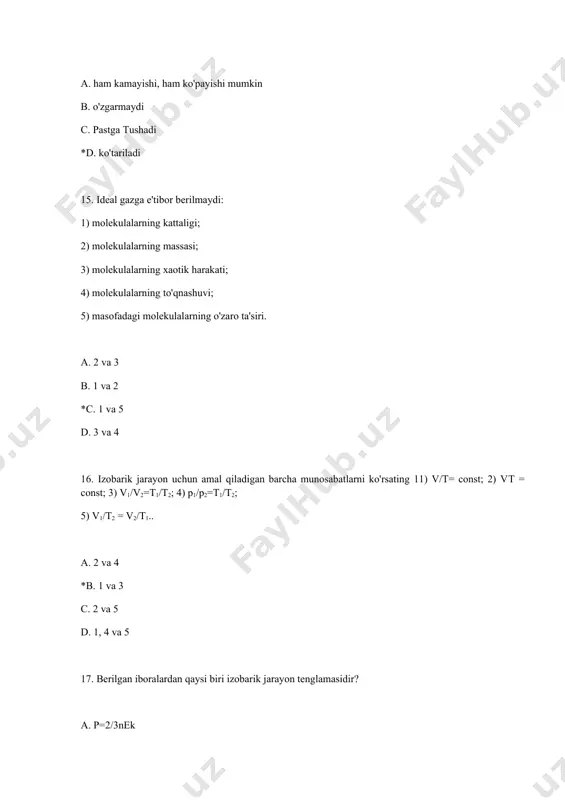 c.manometr d. fonendoskop 38. issiqlik miqdorini o'lchash birligini ko'rsating: a. paskal *b. joul c. kelvin d. nyuton 39. bosim o'lchov birligini ko'rsating: *a. paskal b. joule c. kelvin d. nyuton 40. haroratni o'lchash birligini ko'rsating: a. . paskal b. joule *c. kelvin d. nyuton 41. tizimning ma'lum bir holatda bo'lish ehtimoli o'lchovi: *a.entropiya b. energiya c. harorat d. ish 42. tizimga berilgan issiqlik miqdori tizimning ichki energiyasini o'zgartirishga va tizim tomonidan ishlashga sarflanadi. bu: *a. termodinamikaning birinchi qonuni b. le chatelier – braun printsipi c. gess qonuni d. termodinamikaning ikkinchi qonuni 43. tizimning ichki energiyasining o'zgarishi uzatilgan issiqlik miqdoriga teng: *a. izoxorik jarayon b. izobarik jarayon c. izotermik jarayon d.adiabatik jarayon 44. izotermik siqilishda ideal gazning ichki energiyasining o'zgarishi: a. ijobiy qiymat bo'ladi b. salbiy qiymat bo'ladi *c. nolga teng bo'ladi d. har qanday ma'noga ega bo'lishi mumkin 45. inson va katta hayvonlarning tana harorati nisbatan doimiy darajada saqlanib turadigan …