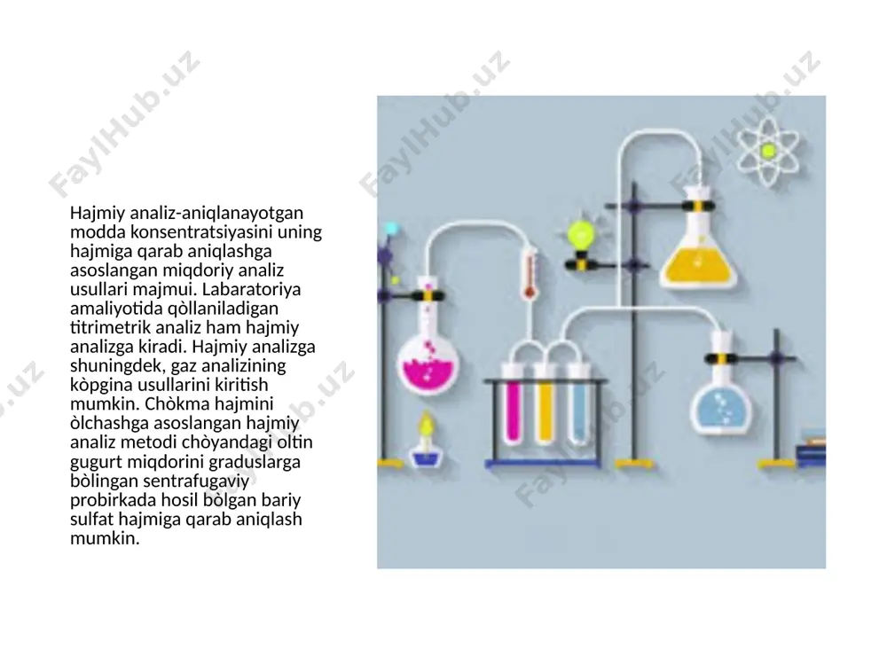 , minerallar, eritmalar, karbidlar, oksidalr, yarim òtkazhich va ota òtkazgich minerallar organik birikmalardan iborat sistemalar va boshqallarni tadqiq qiluvchi muhim usulga aylanishga yòl ochadi. titrimetrik analiz- aniqlanayotgan modda miqdorini shu modda bilan òzaro reaksiyaga kirishish uchun sharflangan reaktiv miqdoriga qarab aniqlashga asoslangan miqdoriy analiz usuli. titrimetrik analiz da aniqlash uchun vazniy analizga qaraganda kam vaqt sarflanadi. bundan tashqari titrimetrik analizda kislota, asos, oksidlanish qaytarish, kompleks hosil qilish kabi kimyoviy reaksiyalarni ham aniqlash mumkin. titrimetrik analizning barcha aniqlash usullarida titrlash ekvivalentlik nuqtasigacha yani standart titrlangan eritmaning miqdori reaksiya tenglamasiga muvofiq modda miqdoriga qatiy ekvivalent bòlgan paytgacha òtkaziladim aniqlash usuliga kòra tògri qoldiqli bilvosita, differinsial titrimetrik analiz farqlanadi. qoldiqli usul aniqlanadigan modda standart, titrlangan eritma bilan reaksiyaga kirishmagan yoki reaksiyaga juda suyuq kirishganda qòllaniladi. bilvosita usulda modda standart titrlangan eritma bilan bevosita reaksiyaga kirishmaganda amalga oshiriladi. differinsial usul bir vaqtda 2 moddani aniqlashda qòllaniladi. kimyoviy reaksiyalar jarayoniga qarab titrimetrik analiz kislata asos, …