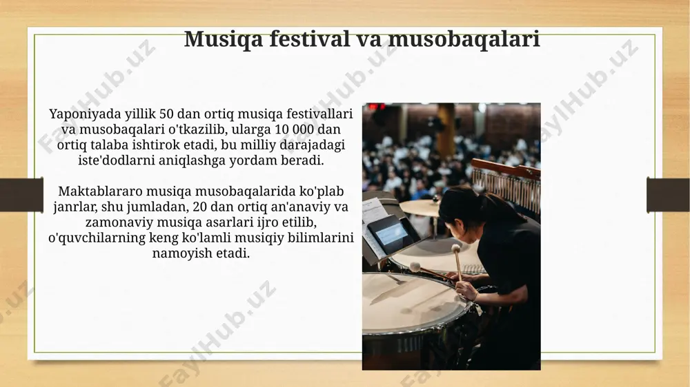 i rivojlantirishga qaratilgan. o'rta ta'limda musiqa oʻrta taʼlimda musiqa fanidan oʻquv dasturi, asosan, 5-9-sinflarni oʻz ichiga olib, nazariy bilimlar bilan amaliy mashgʻulotlarni muvozanatli ravishda birlashtiradi. musiqa taʼlimi davomida oʻquvchilar xor qoʻshiqlari, anʼanaviy yapon musiqasi va zamonaviy musiqa asarlarini ijro etishni oʻrganadilar, bu esa 10 ga yaqin turli janrni qamrab oladi. musiqa ta'limi kelajagi musiqa maktablarida o'qituvchilarning malakasini oshirish dasturlari soni 2025-yilga kelib 15% ga ko'payib, musiqa ta'limi sifatini yaxshilashga hissa qo'shadi. musiqa ta'limi texnologiyalar integratsiyasi orqali, masalan, virtual reallik va sun'iy intellekt yordamida, 2030-yilga borib 30% ga samaradorligini oshirishi mumkin. musiqa nazariyasi va kompozitsiyasi yaponiya universitetlarida musiqa nazariyasi va kompozitsiyasi bo‘yicha 4 yillik bakalavr dasturlari mavjud bo‘lib, talabalar kurs davomida kamida 30 ta asarni tahlil qilish va 5 ta shaxsiy kompozitsiya yaratish vazifasini bajaradilar. yaponiya musiqa ta’limi tizimida kompozitsiya fanidan 12 yillik majburiy ta’lim dasturiga 5-7 yillar oralig‘ida 1-2 soat ajratiladi, bu davrda asosan notalarni o‘qish va yozish, sodda qo‘shiqlar …