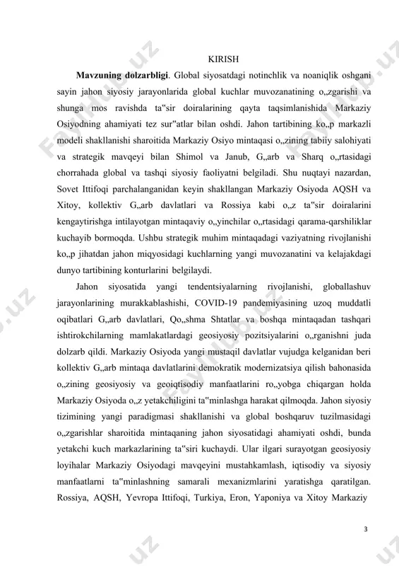 damental, nazariy va konseptual asarlar mavjud emas. markaziy osiyo muammolari va markaziy osiyo mamlakatlari siyosatiga bagʻishlangan tadqiqotlarning aksariyati hozirgi bosqichda mintaqaviy geosiyosiy va geoiqtisodiy transformatsiyaning faqat individual jihatlarini koʻrib chiqadi, bunda yetakchi davlatlar tomonidan qoʻllaniladigan mexanizmlar majmuasi hisobga olinmaydi. tadqiqotning obyekti. markaziy osiyo geosiyosatning zamonaviy hodisalari. 1 bajanov e.p. xitoyning dunyodagi o„rni va rossiya siyosati // rossiya tashqi ishlar vazirligi diplomatik akademiyasining xabarnomasi. rossiya va dunyo. 2018 yil. 2-son (16). 6-17-betlar. 2 bajanov e.p., bajanova n.e. insoniyat qayoqqa ketyapti? xxi asrdagi xalqaro munosabatlar tendentsiyalari to„g„risida //kuzatuvchi. 2009. no 6. b. 10-20.; bajanov e.p., bajanova n.e. ko„p qutbli dunyo. m.: vostokzapad, 2010. 464 b.; bajanov e.p., bajanova n.e. dialog va tsivilizatsiyalar to„qnashuvi. m.: butun dunyo, 2013 yil. 270 bet. 3 neymark m.a. jahon tartibining makrotizimli o„zgarishlari: yangi voqeliklar va istiqbollar / jahon siyosati bizning davrimiz markazida. m.: "dashkov va k" nashriyot-savdo korporatsiyasi, 2018. 515 b.; bu u. jahon siyosatida «yumshoq kuch”. …