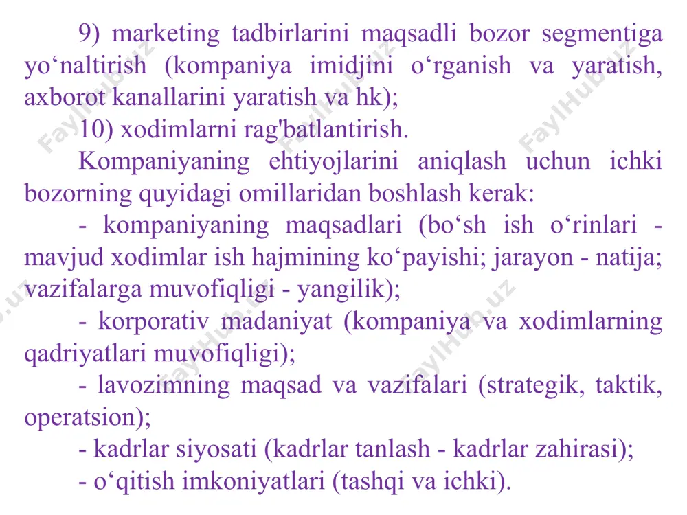 ntsial nomzodlarga va tashkilot xodimlariga ushbu kompaniyada ishlashning yaxshi va yomon jihatlari to‘g'risida ma'lumot almashishiga, brend, kundalik hayot to‘g'risida gapirishiga imkon berish kerak. saytlar, ijtimoiy media va aloqa vositalari nomzodlarga shaxsiy tajribangizni etkazish, shuningdek ularni ushbu kompaniyaning hozirgi ishchilari yoki mutaxassislari bilan suhbatlashishga taklif qiladigan tarzda qayta qurilishi kerak sayt va ijtimoiy media tarkibi dolzarb, muhim ma'lumotlar bilan to‘ldirmasdan samarali veb-saytlar va ijtimoiy medialarni yaratish iloji yo‘q. ko‘plab korporativ saytlar va ijtimoiy tarmoqlarning ishlashi samaradorligini tahlil qilish murojaatlar, retwitlar, layklar, kliklarning soniga asoslanadi, ammo bu ma'lumot etarli bo‘lmasligi mumkin. sayt haqida kerakli ma'lumotga ega bo‘lgan holda siz maqsadli auditoriya uchun tarkibni tanlashingiz va eng malakali xodimlarni jalb qilishingiz mumkin. o‘zaro aloqalar yuqorida tavsiflangan saytlarning vositalari va tarkibidan foydalangan holda, kadrlar tanlash bo‘limi o‘ziga xos aloqa markazi va aloqa kanaliga aylanishi kerak. xodimlar va potentsial nomzodlar ushbu muloqot qanday va qay shaklda bo‘lishidan qat'i nazar, bir-birlari bilan tanishishlari, birbirlaridan o‘rganishlari va …