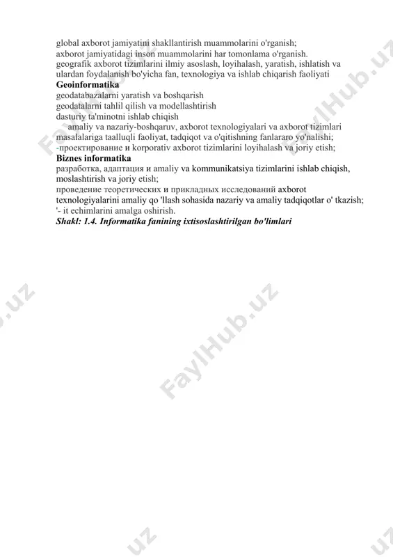 h; biznes informatika разработка, адаптация и amaliy va kommunikatsiya tizimlarini ishlab chiqish, moslashtirish va joriy etish; проведение теоретических и прикладных исследований axborot texnologiyalarini amaliy qo 'llash sohasida nazariy va amaliy tadqiqotlar o' tkazish; '- it echimlarini amalga oshirish. shakl: 1.4. informatika fanining ixtisoslashtirilgan bo'limlari filologik informatika-bu kompyuter fanlari va filologiya sohasini birlashtirgan ilmiy yo'nalish. uning vazifasi adabiy matnlar va boshqa til ma'lumotlari bilan ishlashni avtomatlashtirish uchun zamonaviy kompyuter texnologiyalaridan foydalanishdir. filologik informatika doirasida so'zlarni qayta ishlash usullari ishlab chiqilmoqda: qo'lda yozilgan yoki bosma matnlarni optik belgilarni aniqlash yordamida tanib olishdan tortib, lingvistik analizatorlar orqali matnlarni avtomatik tahlil qilishgacha. ushbu ilmiy yo'nalish, shuningdek, tadqiqotchilarga matn, kitoblar va jurnallar kataloglari, elektron lug'atlar yoki adabiy matnlarning elektron arxivlari bilan ishlashda yordam beradigan maxsus dasturiy vositalarni ishlab chiqish bilan shug'ullanadi. filologik informatika fanining muhim yo'nalishi, shuningdek, til ma'lumotlarini kompyuter tahlili hisoblanadi. kompyuter texnologiyalari yordamida matnlarni turli nuqtai nazardan tahlil qilish mumkin, masalan, matnning mualliflik …