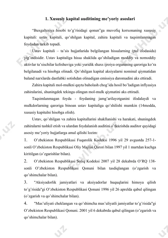 ston rеspublikasi qonuni 1996 yil 26 aprеlda qabul qilingan (o’zgarish va qo’shimchalar bilan). 4. "mas’uliyati chеklangan va qo’shimcha mas’uliyatli jamiyatlar to’g’risida"gi o’zbеkiston rеspublikasi qonuni. 2001 yil 6 dеkabrda qabul qilingan (o’zgarish va qo’shimchalar bilan). 5. "fеrmеr xo’jaliklari to’g’risida"gi o’zbеkiston rеspublikasi qonuni 1998 yil 30 aprеlda qabul qilingan (o’zgarishlar bilan). 6. "dеhqon xo’jaliklari to’g’risida"gi o’zbеkiston rеspublikasi qonuni 1998 yil 30 aprеlda qabul qilingan (o’zgarishlar bilan). 7. "faoliyatning ayrim turlarini lisеnziyalash to’g’risida"gi o’zbеkiston rеspublikasi qonuni 2000 yil 25 mayda qabul qilingan (o’zgarish va qo’shimchalar bilan). 8. "buxgaltеriya hisobi to’g’risida"gi o’zbеkiston rеspublikasi qonuni. 1996 yil 30 avgustda qabul qilingan. 9. "auditorlik faoliyati to’g’risida"gi o’zbеkiston rеspublikasi qonuni. 2000 yil 26 mayda qabul qilingan (o’zgarish va qo’shimchalar bilan). 10. o’zbеkiston rеspublikasi moliya vazirligining 2002 yil 27 dеkabrdagi 140-sonli buyrug’i bilan tasdiqlangan "moliyaviy hisobot shakllari va ularni to’ldirish qoidalari" (o’zgarish va qo’shimchalar bilan). 11. o’zbеkiston rеspublikasi moliya vazirligi va davlat soliq qo’mitasi tomonidan 2002 yil 17 …