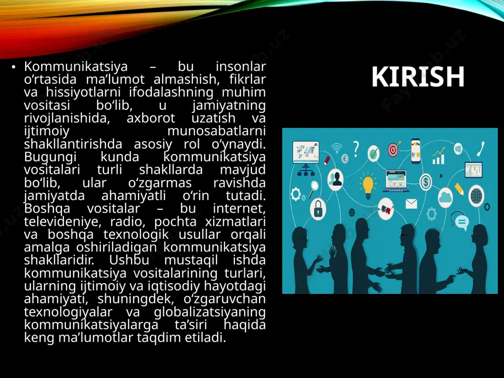 ar uchun o‘quv jarayonlarini interaktiv qilish imkonini beradi. iqtisodiy va siyosiy ta’sir ijtimoiy tarmoqlar va internet orqali odamlar siyosiy fikrlarni bildirish, iqtisodiy faoliyat haqida ma’lumot olish imkoniyatiga ega bo‘ladi. bu o‘z navbatida demokratiya va erkinlikni kuchaytiradi. tijorat va reklama kompaniyalar va tashkilotlar o‘z mahsulotlarini reklama qilish uchun kommunikatsiya vositalarini keng foydalanadi. televideniye, radio va internet orqali reklama qilish mahsulotni ommaga yetkazishda samarali vosita hisoblanadi. iii. kommunikatsiya vositalarining kelajagi va texnologik o‘zgarishlar texnologiyaning tez rivojlanishi kommunikatsiya vositalarini yangi shakllarda o‘zgartirmoqda. mobil ilovalar, virtual haqiqat, 5g texnologiyasi va sun’iy intellekt kabi innovatsiyalar kommunikatsiya jarayonlarini yangi bosqichga olib chiqadi. kelajakda kommunikatsiya vositalari yanada interaktiv va foydalanuvchilarga moslashtirilgan bo‘ladi. xulosa kommunikatsiya vositalari ijtimoiy, madaniy, iqtisodiy va siyosiy hayotda o‘ziga xos ahamiyatga ega. ularning roli va ta’siri jamiyatni shakllantirishda, insonlar o‘rtasida muloqot va axborot almashish jarayonlarida katta ahamiyatga ega. shuningdek, texnologik o‘zgarishlar kommunikatsiya vositalarining rivojlanishiga yangi imkoniyatlar yaratadi. shu bilan birga, kommunikatsiya vositalarining imkoniyatlarini to‘g‘ri …
