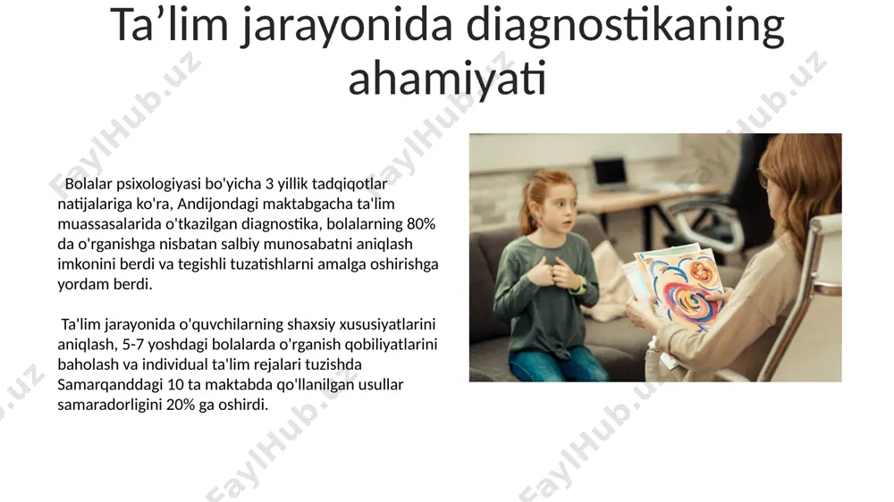 holashda toshkent shahridagi eksperimental maktablarda 200 dan ortiq bola ustida tadqiqot o'tkazildi. o'quvchilarning ijtimoiy moslashuvchanligini o'rganish uchun psixologik anketalar, masalan, "buxner-rotter" shkalasi, andijon viloyatidagi 3 ta maktabda 150 nafar o'quvchiga qo'llanildi. oʻqituvchilarning diagnostika koʻnikmalari diagnostika jarayonida oʻquvchilarning 3-7 yosh oraligʻida koʻrsatadigan xulq-atvor reaksiyalarini aniqlashda toshkent shahridagi tajribali mutaxassislarning fikriga koʻra, kuzatuv usullari muhim ahamiyat kasb etadi. oʻqituvchilarning 20%i samarqand viloyatida oʻtkazilgan tadqiqotlarga koʻra, bolalar shaxsiyatini diagnostika qilishning kamida 5 ta usulini qoʻllay olishmaydi, bu ta'lim samaradorligiga salbiy ta'sir koʻrsatishi mumkin. e'tiboringiz uchun rahmat @taqdimot_robot image4.jpg image5.jpg image6.jpg image7.jpg image8.jpg image9.jpg image10.jpg image11.jpg image12.jpg image13.jpg image14.jpg image15.jpg image16.jpg image17.jpg image3.png image18.jpg image19.jpg image20.jpg image1.jpeg image2.jpeg