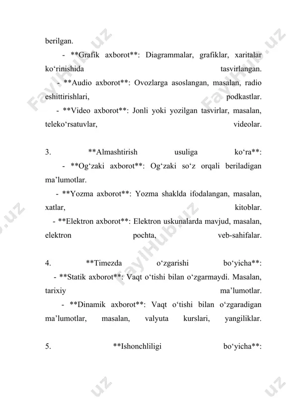 lik obyektiv faktlar bilan ta’minlanishi kerak. shaxsiy yoki psixologik tushunchalarga asoslangan ma’lumotlar ishonch darajasini pasaytiradi. 8. **hujjatlovchi dalillar bilan ta’minlanganlik**: axborot ma’lum bir dalil va hujjatlarga asoslangan bo‘lishi kerak. masalan, ilmiy izlanishlarning natijalari hujjatlar, grafika va boshqa dalillar bilan qo‘llab-quvvatlanadi. 9. **kody bilan tasdiqlanganlik**: ba’zi sohalarda, masalan, texnik dokumentatsiya yoki dasturlash bo‘yicha ma’lumotlar, kody orqali tekshirilganlik darajasi bilan baholanadi. bu literal ma’lumotlarning aniq bajarilishini ta’minlaydi. ushbu me’zonlar, axborotning ishonchliligini baholashda va uni iste’mol qilishda ko‘maklashadi. zamonaviy axborot muhitida, xususan internet sharoitidagi turfa xil ma’lumotlar oqimida, ishonchli va ehtiyotkorlik bilan tanlab olingan ma’lumotlar zaruriyatiga ortgan ahamiyat paysal bo‘lmoqda. 3. axborot manbalari va ishonchlilik darajasi axborot manbalari va ularning ishonchlilik darajasi, zamonaviy jamiyatda axborotni qabul qilishda muhim ahamiyatga ega. bugungi kunda turli manbalar kundan-kunga ko'payib, ulardan har biri turli xil ma'lumotlarni taqdim etadi. ishonchlilik darajasi esa, ushbu manbalarni baholashda va ulardan foydalanishda kalit vazifasini bajaradi. 1. **ommaviy axborot vositalari**: yozma matbuot, radio, …