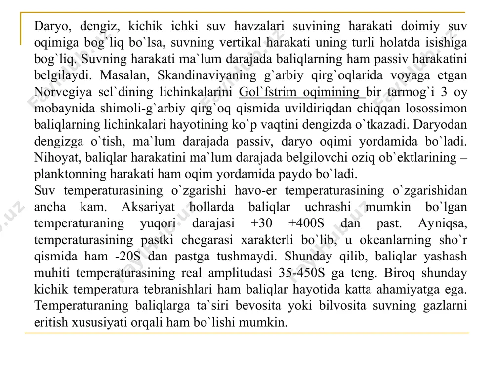 muxiti uzgashaligiga qaray kuyidagi ekologik yaki biologik gruhlarga bo`linadi. 1. shushik suv baliqlari – bularga 8,3 ming tur kiradi. ular reofil` yaki ag`in suvda yashaydigan forel`, podust, xarius, marinka, limnofil` yaki turg`in suv havzalarida yashaydigan: taban baliq, lin`, qizil qalash, torta, umumiy shushiq shuvda yaki turg`in suvda yashaydigan sibr` osyotra shortan, alabug`a, torta, gustera, sinets baliqlari kiradi. ulardan ayrimlari gustora, qarakuz, sinets tuzli suvlarga da kiradi. forel xarius marinka sibir osetra sho’rton alabug’a torta 2. utkinshi baliqlar – dengizda yashaydigan 125 – 130 tur baliq kiradi. ularning kupshiligi urchish ushin dengizdan daryoga kiradi: lasoslar, (semga, keta, garbusha) bakralar (russ osyotri, sevryuga, beluga, ship). ularni trofik dengiz baliqlari dep ta ataydi. ulardan ayrimlari (ugor) daryodan urchish ushin dengizga kiradi. losos sibir osetra tuzliraq suv baliqlari ularga suvding tuzliligi kam suvda yashaydigan baliqlar. bular shushik suv va tuzliroq yarim utkinshi suv baliqlariga bo`linadi. yarim o`tkinchilar tuzliroq teңiz suvinda yashab, urchish ushin daryoning …