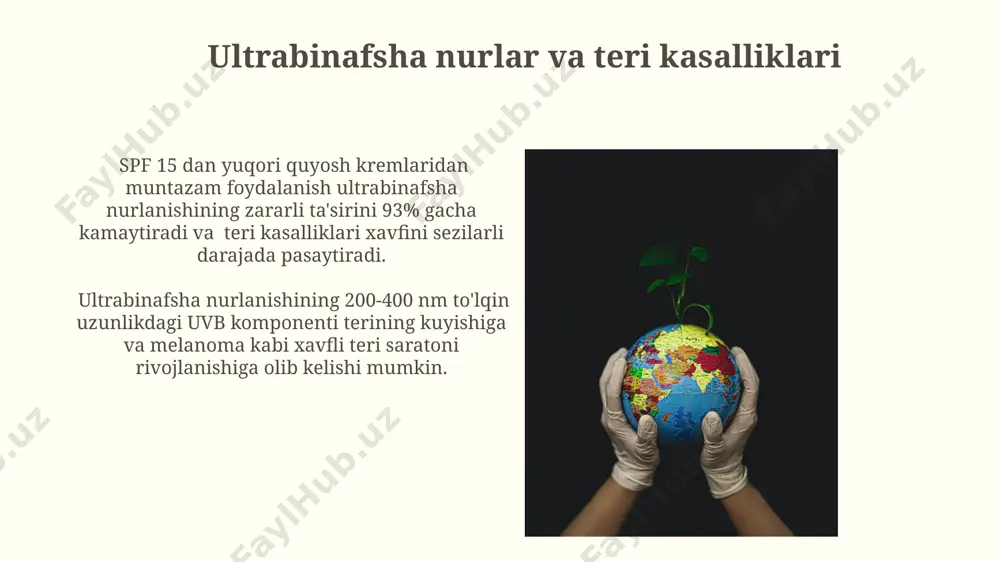 , ruhiy holatni yaxshilaydi va kayfiyatni ko'taradi. shahar shovqini, transport shovqinlari kabi yuqori darajadagi shovqinlar uyqusizlikka, konsentratsiya qilish qiyinchiliklariga olib keladi va bu esa ruhiy kasalliklar, jumladan, tashvish va depressiyani rivojlanish xavfini oshiradi. atrof-muhit ifloslanishi va allergik kasalliklar atrof-muhit ifloslanishi, xususan, havodagi zararli moddalar miqdorining ortishi (masalan, pm2.5 darajasi 10 µg/m³ dan oshishi) nafas yo'llari allergiyasi xavfini 30% ga oshiradi. o'simlik changlari va hayvonlarning sochlari kabi allergenlarning konsentratsiyasi shahar atrof-muhitining ifloslanishi bilan bevosita bog'liq bo'lib, mavsumiy allergiya kasalliklarining 40% gacha sabab bo'ladi. atrof-muhit va inson organizmi o'rtasidagi bog'liqlik inson organizmining 70% suvdan iborat bo'lib, atrof-muhitdagi suv sifati, ifloslanish darajasi inson sog'lig'iga, ayniqsa buyrak va jigar faoliyatiga salbiy ta'sir ko'rsatishi mumkin. o'rtacha bir kishi kuniga 1 kg atrof-muhitdan kelib chiqqan turli kimyoviy moddalar, masalan, pestitsidlar bilan aloqada bo'lib, bu immunitet tizimiga salbiy ta'sir ko'rsatadi. immunitet tizimining atrof-muhitga bog'liqligi havoning ifloslanishi, pm2.5 kabi zararli zarrachalar bilan nafas olish, o'pka yallig'lanishi va immunitet …
