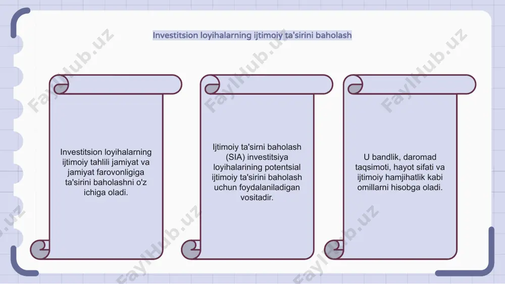 yicha fikrlari va istiqbollarini to'plash uchun ishtirok etishni o'z ichiga oladi. ushbu ishtirokchi yondashuv ijtimoiy tahlil mahalliy sharoit va zarar ko'rgan jamoalarning ehtiyojlari va ustuvorliklarini hisobga olishini ta'minlashga yordam beradi. investitsion loyihalarda ijtimoiy tengsizlikni bartaraf etish ijtimoiy tengsizlikni bartaraf etishda investitsiya loyihalarini ijtimoiy tahlil qilish muhim ahamiyatga ega. investitsion loyihalar ijtimoiy tengsizlikni kuchaytirishi yoki yumshatishi mumkin. keng qamrovli ijtimoiy tahlil o‘tkazish orqali investitsiya loyihalari ijtimoiy tengsizlikni bartaraf etishga ustuvor ahamiyat berish uchun ishlab chiqilishi mumkin. investitsion loyihalarda etika va korporativ ijtimoiy javobgarlik paragraf paragraf paragraf investitsion loyihalarda salbiy ijtimoiy ta'sirlarni yumshatish ijtimoiy tahlil salbiy ijtimoiy ta'sirlarni aniqlash va yumshatish orqali investitsiya loyihalarida hal qiluvchi rol o'ynaydi. ehtiyotkorlik bilan baholash va rejalashtirish orqali manfaatdor tomonlar loyihalar mahalliy hamjamiyatlarga foyda keltirishi va zararni minimallashtirishini ta'minlashi mumkin. investitsiya loyihalari ko‘chish, tirikchilikni yo‘qotish va madaniy meros kabi muammolarni hal qilish orqali barqaror rivojlanishga hissa qo‘shishi mumkin. 1 2 3 investitsion loyihalarda ijobiy ijtimoiy ta’sirlarni …