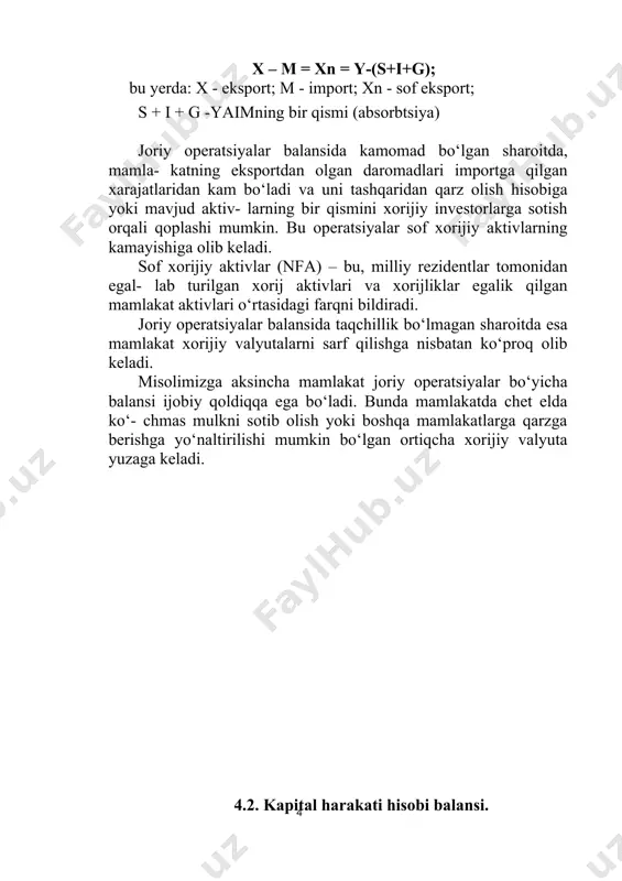 sotib olish yoki boshqa mamlakatlarga qarzga berishga yo‘naltirilishi mumkin bo‘lgan ortiqcha xorijiy valyuta yuzaga keladi. 4.2. kapital harakati hisobi balansi. investitsiyalash va kreditlash bilan bog‘liq operatsiyalar to‘lov balansining keyingi bo‘limida, ya’ni, kapitallar harakati hisobida aks ettiriladi. mamlakatda ma’lum bir vaqtda moddiy va moliyaviy aktivlarini sotib olish va sotish bilan bog‘liq operatsiyalariga kapital harakati hisobi deyiladi. kapital harakati hisobi balansida korxonalar, yer, uy- hyperlink "https://fayllar.org/7-sinf-jahon-tarixi-fanidan-mavzulashtirilgan.html" \h joylar, qimmatbaho qog‘ozlar, aksiyalar, xazina majburiyatlari va boshqa aktivlarni olish-sotish bilan bog‘liq kapitallar oqimi aks ettiriladi. bu aktivlar sotilsa yoki eksport qilinsa, xorijiy valyuta mamlakatga kiritiladi, ya’ni valyuta tushumi ko‘payadi (+150). biroq kapitalni olib kelish bilan bir vaqtda uni olib chiqish bilan bog‘liq operatsiyalar ham amalga oshiriladi. bunda mamlakatning tadbir- korlari xorijdan aksiyalar sotib oladi, xorijliklarga kreditlar beradi va shu asosda ular xorijiy valyuta zaxiralarini sarflaydi. bu operatsiyalar debet ko‘rinishida aks ettiriladi (-87). kapital harakati balansining qoldig‘i – bu, uni olib kelish va olib chiqish …