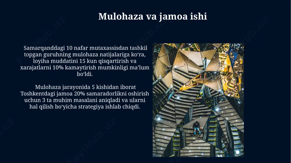 шаҳридаги тажрибадан фойдаланиш мумкин. mulohaza va shaxsiy rivojlanish ўзбекистоннинг 3 та вилоятида ўтказилган сўровнома натижаларига кўра, мунтазам мулоҳаза қилувчиларнинг 75%и иш самарадорлигини оширганликларини ва 15%и янги кўникмаларга эга бўлганликларини тасдиқлашган. мулоҳаза жараёнида 5 тадан ортиқ ўз-ўзини баҳолаш саволларини ишлатиш, шахсий ривожланишдаги 20% гача самарадорликни ошириши мумкинлиги психологлар томонидан 2023 йилда тошкентда ўтказилган тадқиқотларда аниқланган. mulohazadan samarali foydalanish mulohaza jarayonida 5w1h metodikasi (kim, nima, qachon, qayerda, nega, qanday) dan foydalanib, samarqanddagi tarixiy yodgorliklarni tahlil qilish orqali 20 dan ortiq fikrni shakllantirish mumkin. o'zbekistonning turli viloyatlaridan olingan 5 ta turli manba asosida mulohaza qilish orqali murakkab mavzularda ham kamida 7 ta yangi g'oya yaratish mumkin. mulohaza va o'rganish mulohaza jarayonida 5 dan ortiq manbalarni, jumladan, toshkentdagi 2 ta kutubxonadan olingan ma'lumotlarni tahlil qilish samaradorligini oshiradi. samarqanddagi tadqiqotlar shuni ko'rsatdiki, mulohaza va o'rganish o'rtasidagi bog'liqlik metakognitsiya darajasiga qarab 2-3 ballga o'zgaradi. e'tiboringiz uchun rahmat @taqdimot_robot image5.jpg image6.jpg image7.jpg image8.jpg image9.jpg image10.jpg image11.jpg image12.jpg …