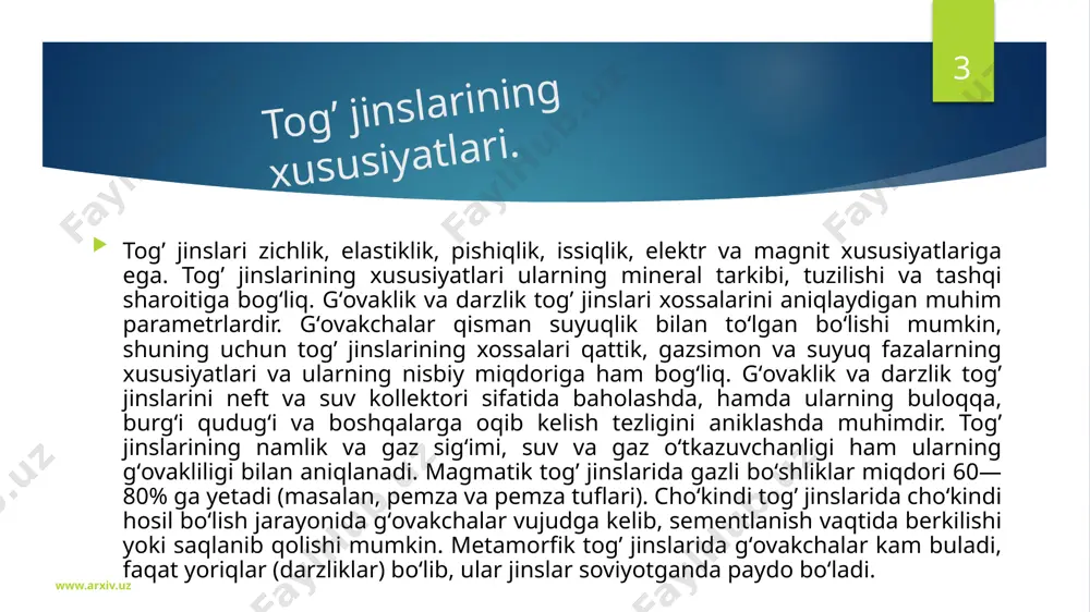 vchanligi yanada susayadi. tarkibida yarim oʻtkazgichlar (grafit, temir va polimetall rudalari va b.) boʻlgan jinslarda issiqlik oʻtkazuvchanlik xususiyati koʻp boʻladi. togʻ jinslarining ko’pi dielektrik va yarim oʻtkazgichlarga kiradi. ularning magnitlanish xossalari, birinchi galda, ular tarkibidagi ferromagnit minerallar (magnetit, titanmagnetit, pirrotin)ga bogʻliq. togʻ jinslarining xossalari mexanik (bosim), issiqlik (temperatura), elektr, magnit, radiatsion (kuchlanish) va moddiy (suyuklik, gaz va boshqalarga toʻyinganligi) maydonlarning taʼsiriga bogʻliq. bosim taʼsirida jinslar zichlashadi, gʻovaklar eziladi, donachalarning kontakt maydoni kengayadi, shu tariqa togʻ jinslarining xossalari oʻzgaradi. odatda, bosim ortishi bilan elektr va issiklik oʻtkazuvchanlik, mustahkamlik oshib boradi. issiqlik ayrim minerallarning erib zichlashishi, parchalanishi, bug’lanishiga olib keladi, natijada togʻ jinslari xossalari oʻzgaradi. elektromagnit maydonlarning kuchlanishi va chastotasi togʻ jinslarining elektromagnit va radioto’lqin xususiyatlariga katta taʼsir kursatadi. togʻ jinslari foydali qazilma sifatida o’ziga xos mustahkamlik, abrazivlik, qattiqlik, parmalanish darajasi, portlashga chidamliligi va boshqa texnologik xususiyatlarga ega. ularning moddiy tarkibi, fizik va kimyoviy xususiyatlari geofizika, geologiya (jumladan, muxandislik geologiyasi) va konchilik …