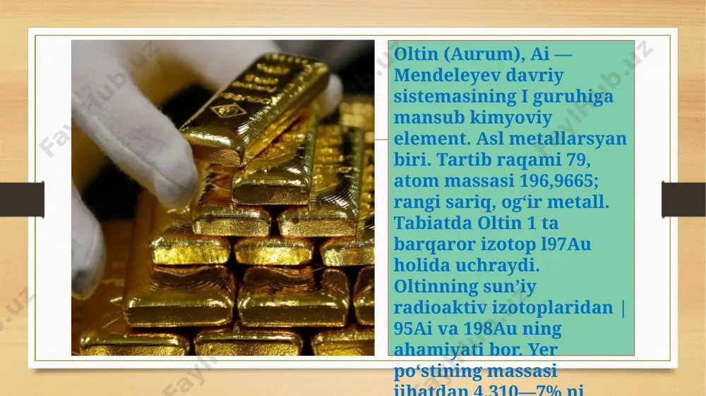 sozlikda, tibbiyotda, fotografiyada qollanadi. markaziy osiyoda eng ko‘p oltin zaxirasiga ega mamlakat qozog‘iston bo‘lib, u 387,9 tonna oltin bilan 14-o‘rinda joylashgan. o‘zbekiston davlat oltin zaxiralari bo‘yicha dunyoning 132 mamlakati orasida 332,5 tonna oltin zaxirasi bilan 16-o‘rinda turadi. bu haqda jahon oltin kengashi (world gold council) ma’lumot berdi. eng ko‘p oltin zaxirasiga ega mamlakatlar ma’lumotda aytilishicha, 2020 yilda o‘zbekistonning oltin zaxiralari 3,4 tonnaga kamaygan. markaziy osiyoda eng ko‘p oltin zaxirasiga ega mamlakat qozog‘iston bo‘lib, u 387,9 tonna oltin bilan 14-o‘rinda joylashgan. reytingda tojikiston 62-, qirg‘iziston 63-o‘rinni egallagan. turkmaniston bo‘yicha ma’lumot berilmagan. kengash ma’lumotiga ko‘ra, 2021 yil boshida butun dunyodagi monetar oltin zaxiralari 35,244 ming tonnani tashkil etgan. aqsh dunyoda eng ko‘p oltin zaxirasiga ega davlat hisoblanadi – 8,1 ming tonnadan ortiq. shuningdek, germaniya, italiya, fransiya, rossiya, xitoy, shveytsariya, yaponiya, hindiston, niderlandiya eng yuqori o‘ntalikka kirgan. o‘zbekiston oltin qazib olish bo‘yicha dunyodagi eng yaxshi 10 mamlakat qatoriga kirdi. bu haqda forbes`ning butunjahon …