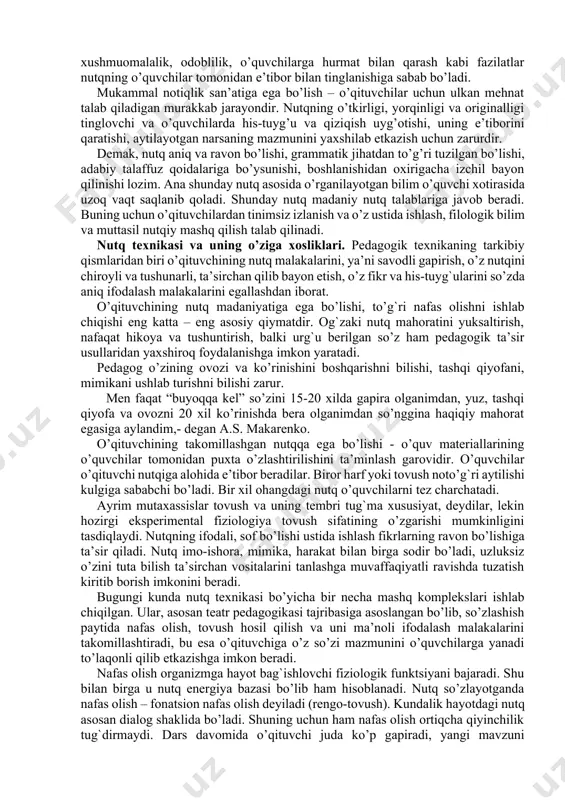 ’noda u keng omma uchun mo’ljallangan talabdir, ammo notiqlik – shaxsiy qobiliyatdir. 7. nutq madaniyati – bu faqat nutq haqidagi nutqiy faoliyatga tegishli tushuncha va soha emas, u til madaniyati bilan ham, ya’ni adabiy tilni va uning normalarini o’rganish va bu normalarni qayta ishlash ishi bilan ham shug’ullanadi. notiqlik san’ati esa bunday ilmiy – normativ faoliyatni ko’zda tutmaydi. 8. notiqlik, ko’proq nutqning mazmunini, mantiqiy asoslarini, mundarijaviy tuzilishini e’tiborga oladi, nutq madaniyati esa, nutqning til qurilishi – lisoniy tuzilishiga e’tibor qiladi. 9. notiqlik san’ati notiq uchun oldindan qanday so’zlash tizimi va rejasini bermaydi. nutq madaniyati sohasi esa jamiyat a’zolarini ona tili, ya’ni adabiy til boyliklari va vositalaridan maqsadga muvofiq sharoit va uslub taqozasi talabiga ko’ra o’rinli foydalana olish ko’nikmasini beradi. bunday ko’nikma, aslida har qanday san’atkor notiq uchun ham zarur. 10. notiqlik san’ati haqidagi fan ancha qadimiy tarixga ega, nutq madaniyati ilmiy muammo va ilmiy soha sifatida muntazam yangilanib boradi. o’qituvchi …