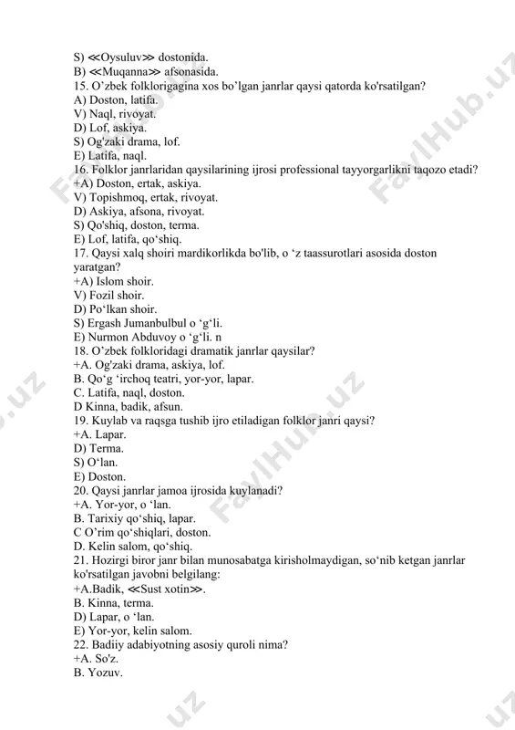 lin salom, qo‘shiq. 21. hozirgi biror janr bilan munosabatga kirisholmaydigan, so‘nib ketgan janrlar ko'rsatilgan javobni belgilang: +a.badik, ≪sust xotin≫. b. kinna, terma. d) lapar, o ‘lan. e) yor-yor, kelin salom. 22. badiiy adabiyotning asosiy quroli nima? +a. so'z. b. yozuv. s. ijod. d. fikr. 23. quyidagi parchada qanday badiiy-tasviriy vosita qo'llanilgan? „uchchovi ham o'qigan, oq-qorani tanigan, yuzlari oyday, o'zlari boy day, yomon bilan yurmagan, yomon joyda turmagan ekanlar" a. sifatlash b. o'xshatish s. qarshilantirish d. jonlantirish 24. kenja botir nima uchun zindonga solindi? a. podshohni qo'riqlay olmagani uchun b. podshohni o'ldirmoqchi bo'lgani uchun. s. ilonni o'ldirgani uchun d. podshohni o'ldirishda gumon qilingani uchun. 25. quyidagi parpha qaysi asardan olingan? ,menga nima azob! kel, shu yerda yurgandan ko'rа dalalarga chiqib ketib o'sha yerda tirikchilik qilsam nima bo'ladi?" +a. „susambil" b. „uch og'a-ini botirlar" s. „umr haqida ertak" d. „qor malikasi" 26. h. olimjon „oygul bilan baxtiyor" asarini qaysi ertakdan ta'sirlanib yozgan? …
