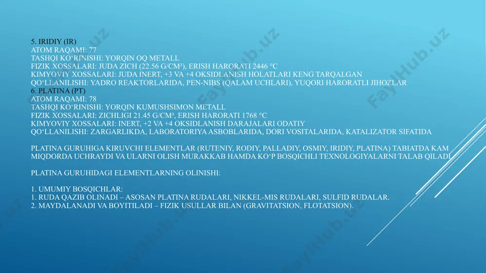 , sperrylite (ptas₂) minerali. platina guruhining umumiy xossalari. fizik xossalari: metallik porlashga ega, kumushsimon yoki oq-kumush rangda. yuqori zichlikka ega: osmiy va iridiy eng zich metallar (22 g/cm³ dan ortiq). yuqori erish harorati: ko‘pchiligi 1500–3000 °c oralig‘ida eriydi. qattiqligi yuqori, ayniqsa osmiy va iridiy. elektr va issiqlik o‘tkazuvchanligi yaxshi (xususan palladiy va platina). korroziyaga chidamli: havo, suv va ko‘pchilik kislotalarga ta’sirchan emas. kimyoviy xossalari: inertlik (reaktsiyaga kam kirishadi): har xil kimyoviy moddalar bilan sekin reaksiyaga kirishadi. oksidlanish darajalari: keng — +2, +3, +4, +6, +8 (eng yuqori os va ru da). qiyno kislota (aqua regia) — ularni erituvchi kam sonli moddalardan biridir. katalitik faollik: ko‘pchiligi katalizator sifatida ishlatiladi (pt, pd, rh). vodorod bilan adsorbsiyalanish xususiyati: ayniqsa palladiy juda ko‘p vodorodni singdira oladi. ru zichligi:12.45 erish harorati:2334 oksidlanish darajalari:+2 +3 +4 +6 +8 xususiyatlari:qattiq,katalizator rh zichligi:12.41 erish harorati:1964 oksidlanish darajalari:+3 xususiyatlari:oq metall,inert gaz pd zichligi:12.02 erish harorati:1555 oksidlanish darajalari:+2 +4 xususiyatlari:yumshoq,vodorod …