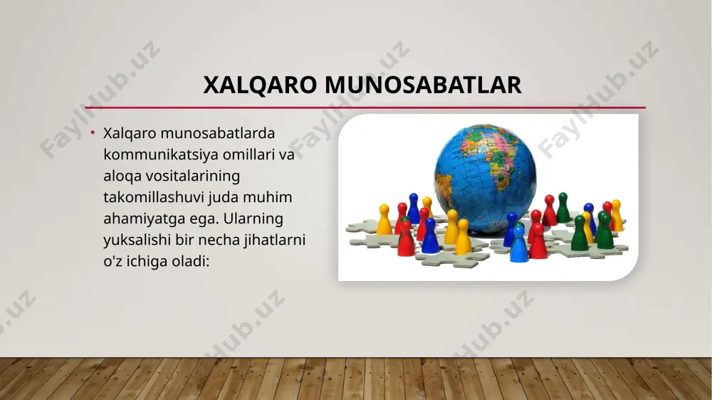 r tez tarqaladi. bu esa fuqarolik jamiyatlarining global miqyosda birlashishini va ovozini kuchaytiradi. xulosa xalqaro munosabatlarda kommunikatsiya omillarining yuksalishi va aloqa vositalarining takomillashuvi global hamkorlikni kuchaytiradi, muammolarni hal qilishda yordam beradi va tinchlikni ta'minlashda muhim rol o'ynaydi. bu jarayonlar davlatlar va xalqlar o'rtasida o'zaro tushunish va ishonchni oshirishga xizmat qiladi. image2.png image3.png image4.jpeg image5.jpeg image6.jpeg image7.jpeg image8.png image9.jpeg image10.jpeg image1.jpg /docprops/thumbnail.jpeg