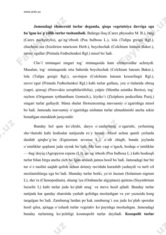 eva hosil qiladi. bunday turlar natijada har qanday sharoitda yashab qolishga moslashgan va yer yuzasida keng tarqalgan bo`ladi. zamburug`lardan po`kak zamburug`i esa juda ko`plab sporalar hosil qilsa, ajriqqa o`xshash turlar vegetativ ko`payishga moslashgan. jamoadagi bunday turlarning ko`pchiligi kosmopolit turlar deyiladi. kosopolit turlar deganda, yer yuzasining deyarli hamma joyida uchraydigan va har qanday ekologik sharoitda yashaydigan turlar tushuniladi. bunday turlarga ajriq (cynodon dactylon (l) pers), jag`-jag` (capsella bursa pastoris (l) medik), chitir (chorispora tenilla (pall) dc), sho`ra (chenopodium) kabi turlar misol bo`la oladi. muayyan bir jamoadagi ko`plab turga mansub o`simliklar orasida doimiy ravishda turli xil oziq mddalar, yorug`lik, issiqlik, suv va qulay muhit uchun kurash jarayoni bo`ladi. bunda “g`olib” turlar tez o`sib, yaxshi rivojlanadi. bunday jarayon tabiatdagi hamma fitotsenozlarda mavjud bo`ladi. jamoadagi turlarning bir-biriga ko`rsatgan ta`siri doimiy ravishda zarar keltirmasdan, ba`zan bir-biriga ijobiy ta`sir ham qiladi. shuning uchun o`simliklar qoplamidagi turlarning o`zaro munosabatlarini “raqobat”, “o`zaro yordamlashish”, “yashash uchun kurash” terminlari bilan …