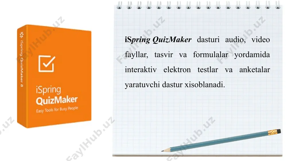 avolga mos tanlash lozim. банк слов (word bank) (so‘zlar banki). test topshirig‘ida berilgan matndan so‘z yoki bir nechta so‘zlar tushirib qoldirilgan hamda so‘zlar bankida shu so‘zlar mavjud shu so‘zni tanlab yozish kerak. выбор области (hotspot) (aktiv soha). test topshirigida rasmda mavjud sohani to‘g‘ri tanlash vazifasi quyiladi. шкала ликерта эссе перетаскивание обьектов test savollari va javoblariga rasm, formula va video joylashtirish mumkin; testlarning 14 xil turini yaratish mumkin; maxsus bilimlar talab etilmaydi; juda kam amallar ketma ketligi bajariladi; dasturning ishchi fayli ixtiyoriy kompyuterga ko‘chirib qo‘yilishi va ishlashi mumkin; ispring dasturni boshqa dasturlardan ajralib turadiga xususiyatlari test natijalari to‘g‘ridan to‘g‘ri elektron pochtaga jo’natiladi; dastur litsenziyaga ega va ochiq kalitli ekanligi. 21 image1.jpeg image2.png image3.png image4.png image5.png image6.png image7.png image8.png image9.png image10.png image11.png image12.jpg image13.png image14.jpg image15.png image16.jpg image17.png image18.png image19.jpg image20.jpg image21.png image22.jpg image23.png image24.jpg image25.png image26.jpg image27.jpg image28.jpg image29.png image30.jpg image31.jpg image32.jpg image33.jpg image34.png image35.jpg image36.png image37.png image38.png image39.png image40.png /docprops/thumbnail.jpeg