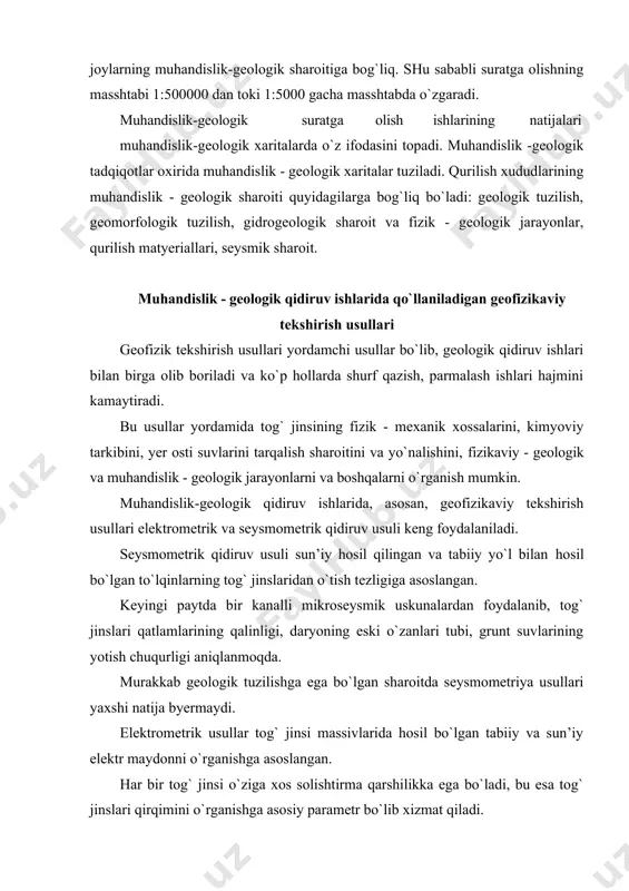 lgan to`lqinlarning tog` jinslaridan o`tish tezligiga asoslangan. keyingi paytda bir kanalli mikroseysmik uskunalardan foydalanib, tog` jinslari qatlamlarining qalinligi, daryoning eski o`zanlari tubi, grunt suvlarining yotish chuqurligi aniqlanmoqda. murakkab geologik tuzilishga ega bo`lgan sharoitda seysmometriya usullari yaxshi natija byermaydi. elektrometrik usullar tog` jinsi massivlarida hosil bo`lgan tabiiy va sun’iy elektr maydonni o`rganishga asoslangan. har bir tog` jinsi o`ziga xos solishtirma qarshilikka ega bo`ladi, bu esa tog` jinslari qirqimini o`rganishga asosiy parametr bo`lib xizmat qiladi. muhandislik - geologik ishlarda elektrometrik tekshirish usullaridan: vertikal elektr zondlash, (vez), elektrik-profilli (ep), tabiiy polimyerlanish (tp) usullaridan keng foydalanilmokda. bu usullar asosida yer osti suvlarining yotish chuqurligi, surilmalarning surilish tekisligi va har xil litologik tarkibga ega bo`lgan qatlam chegaralarini aniqlash mumkin. geofizik ishlarning ko`pchiligini vez, ep, tp va boshqalar geodezik ishlar natijasida oldindan tayyorlangan turlarda yoki yo`nalishlarda olib boriladi. geofizik ishlar natijalari shu xududda qazilgan shurf yoki burg` quduq bilan taqqoslab ko`rilib, ular byergan ma’lumotlarning to`g`riligiga ishonch …