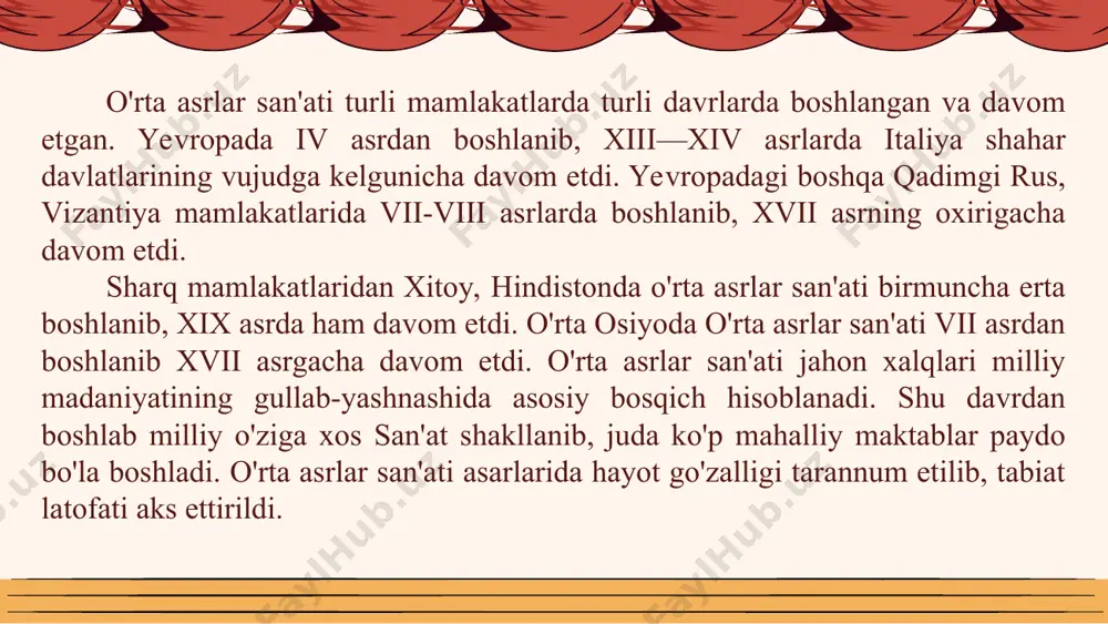 iso obrazi, apostollar, bibi maryam va avliyolar tasviri ikonografiyasi " yaratilib, boshqa joylarga tarqatildi. "vladimir bibi maryami" vizantiya rangtasvirining nodir ikonasi. tretyakov davlat galereyasi. moskva namunasi xii asrning yarmida konstantinopollik usta ishlagan "vladimir bibi maryami" ikonasi hisoblanadi. vizantiya san'ati jahon xalqlari san'ati va madaniyati rivojiga katta ta'sir ko'rsatdi. x-xii asrlarda san'at taraqqiyoti yangi bosqichga ko'tarila boshladi. bu taraqqiyot bosqichi roman asri san'ati deb ataladi. roman so'zi lotincha "rimniki" degan so'zdan olingan. roman uslubida qurilgan binolar birmuncha past, ko'rinishi jiddiy va og'ir, devorlari qalin va mustahkam, eshik, darvoza va derazalari ensiz. bino ustunlari dag'al va yo'g'on. ichki devorlarida tekis yuzalar ko'pligi mahobatli rangtasvir ishlashga imkoniyat yaratdi. me'morlik san'ati vitraj va haykaltaroshlik bilan bog'liq holda rivojlandt roman me'morligining yana bir jihati tomining gumbaz shaklida yopilib, darchalarining joylashtirilganligidir. xi asrda bu me'morlik san'atning eng gullagan davri hisob­lanadi. fransiyada roman uslubida qurilgan binolar o'zining dekorativ o'yma naqsh, bo'rtma tasvirlari bilan namoyon bo'lgan bo'lsa, germaniyada …