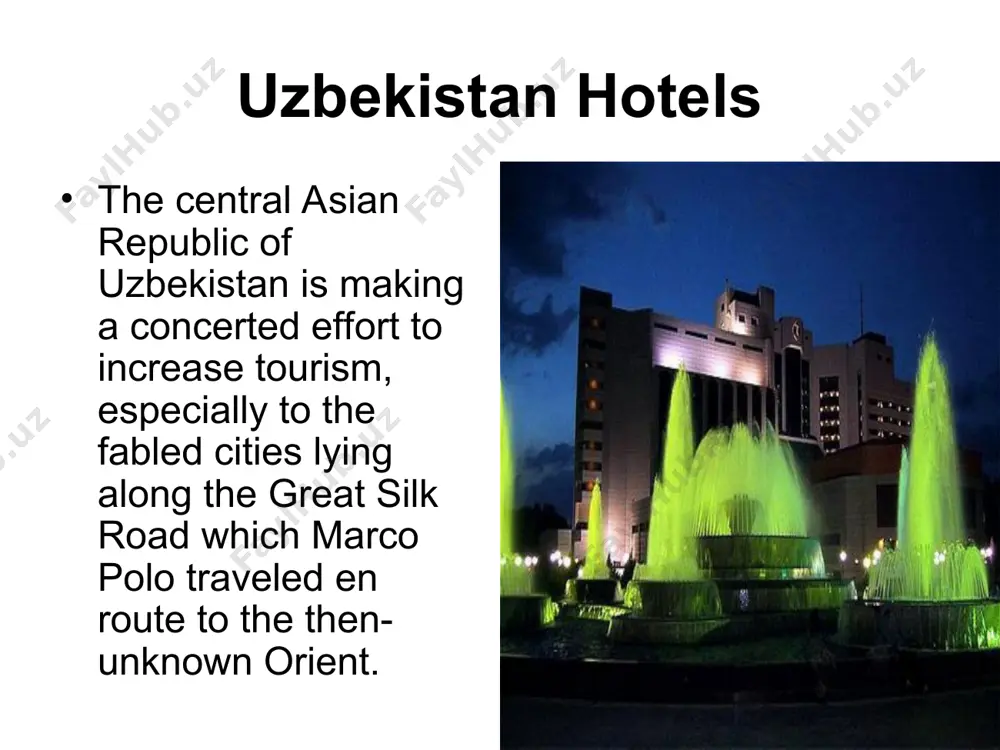 htub. dining facilities: restaurant 2 banquet halls night bar chaykhana 2 bars features: conference hall sauna swimming pool medical service barber’s shop laundry wake up service non smoking rooms 24-hour desk service daily-maid service preferred hotels in samarkand the kamila hotel opened in the year 2000. the hotel is located in the center of samarkand city, close to administrative offices, historical monuments like registan square and the ulugbek observatory and other places of interest in the ancient city. the international airport and railway station are both 5 minutes away by car. railway station - 5 minutes. in hotel there is a conference-hall (capacity up to 50 people), available for you to organize a variety of presentations, conferences, seminars, training and receptions. malika hotel bukhara address: 25, shaumyana str., bukhara, 705000 tel: +(998 65) 2246256 34 beautifully designed rooms in classic national uzbek style. all rooms are air conditioned and the …
