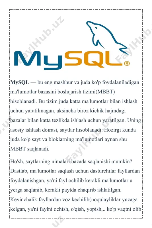 . bu degani baza jadvallar, jadvallar esa ustunlardan tashkil topgandir. mysql mbbti 2 xil turdagi litsenziyaga ega. birinchisi tekin, ya'ni mysqlni ko'chirib olish va ishlatish hech qanday harajat talab qilmaydi va gpl(gnu public licenseb, gnu) litsenziyasiga asoslanadi. ikkinchi turi, gpl shartiga ko'ra, agar siz mysql kodlarini biror dasturingizda ishlatsangiz, bu dasturingiz ham gpl(tekin) bo'lishi kerak. bu esa dasturchiga to'g'ri kelmaydi. shuning uchun, bu dasturingizni pullik qilishingiz uchun mysql pullik litsenziyasini sotib olishingiz kerak. mysql logotipi delfin hisoblanadi. bu delfinni ismi «sakila»dir. bu logotipni opensource tuzuvchilaridan biri ambrose twebaze ga tegishlidir. mysql juda ko'p operatsion tizimlar bilan ishlay oladi. bularni yozadigan bo'lsam: aix, bsdi, freebsd, hp-ux, linux, mac os x, netbsd, openbsd, os/2 warp, sgi irix, solaris, sunos, unixware, windows 95, windows 98, windows nt, windows 2000, windows xp, windows server 2000, windows vista, windows 7,… mysql shved korxonasi mysql ab ga tegishli bo'lgan, keyinchalik sun firmasi mysql ni o'ziniki qilib …