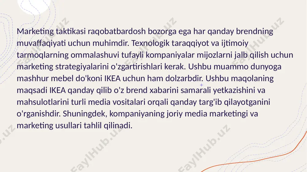 a e’tibor qaratish. 2. yangi media platformalar orqali mijozlar bilan yaqinroq munosabat o‘rnatish. 3. onlayn savdo kanallarini kengaytirish va shaxsiylashtirilgan tavsiyalar berish. 4. ma’lumotlar tahlili va ilg‘or texnologiyalardan foydalangan holda xarid tajribasini yaxshilash. ushbu strategiyalar orqali ikea bozordagi muammolarni samarali boshqarib, chakana savdodagi raqobat muhitida o‘z o‘sishini davom ettirishi mumkin. ikea swot tahlili: kuchli tomonlar brend yetakchiligi – ikea global darajada taniqli bo‘lib, iste’molchilarning ishonchi va e’tirofiga ega. bu esa sifat va ishonchlilikni ta’kidlab, kuchli brend imidjini shakllantirishga yordam beradi. ko‘p kanalli marketing – ikea ijtimoiy tarmoqlar, seo va email marketing orqali keng auditoriyaga yetib boradi, mijozlar bilan yaqin aloqalar o‘rnatadi va potensial mijozlar bazasini kengaytiradi. innovatsion kontent marketing – uy bezaklari, diy loyihalar va qo‘llanmalar orqali iste’molchilarni jalb qilib, ularning brendga sadoqatini oshiradi. ikea swot tahlili: imkoniyatlar global bozorga kengayish – ikea ning dunyo bo‘ylab keng savdo tarmog‘i bor va raqamli savdo kanallarini kuchaytirish orqali ko‘proq mamlakat va mintaqalarga …