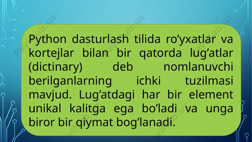parametriga qiymat sifatida ro’yxat yoki kortej ham berilishi mumkin: son = {"1", "1", "2","2", "2"} print(son) # {'2', '1'} e`tiboringiz uchun raxmat! image2.png /docprops/thumbnail.jpeg