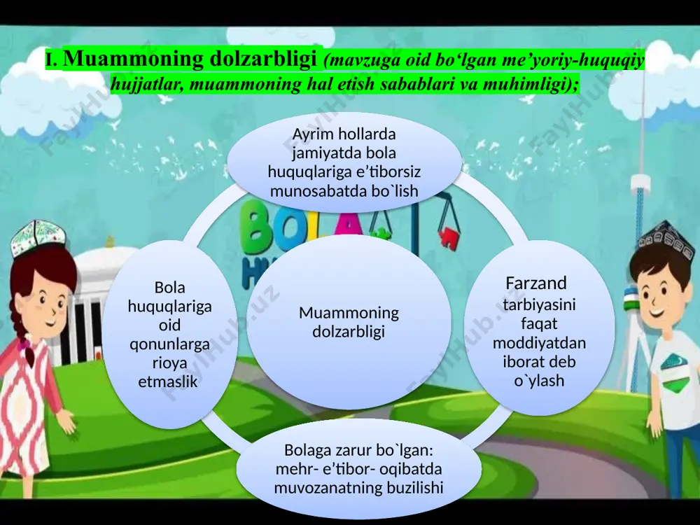 va ota-onalar bilan bolalarni himoya qilish haqida va shu jarayondagi ilg'or tajribalar haqida ma'lumot almashib boradilar. maktabga ishga kirayotgan har bir pedagogga bola huquqlari haqida umumiy tushunchalar rahbar tomonidan berib borilishi kerak.ota-onalar bilan hamkorlikni ishlash. 9 t/r muammo amalga oshirish mehanizmi mas’ullar muddati natija 1 maktablarda bolalarning qanday huquqlari buzilayotganini aniqlash. maktabda ,,adolat ‘’ qutilari tashkil etish . maktab direktori mmibdo‘ psixolog xar hafta bolarning maktabda qanday huquqlari buzilayotgani,bolalar nimalardan himoya qilinishi kerakligi aniqlanadi. 2 o`quvchilar va o`qituvchilar ,ota-onalar o`rtasida bola huquqlarini bilasizmi shiori ostida so`rovnomalar o`tkazish. sinflar kesimida so`rovnomalar o`tkazish mmibdo‘ psixolog sinf rahbarlari xar chorakda ota-onalar,o`quvchilarva o`qituvchilarning huquqiy savodxonligini aniqlash. 10 3 maktabda bola huquqlari bo`yicha hamkor tashkilotlar bilan hamkorlikda ishlash. maktabda iib hodimlari,mfy hodimlari bilan hamkorlikda ota-onalar uchun ,,farzandim –taqdiriga befarq emasman’’mavzusida seminar treninglar o`quvchilar uchun ,, mening huquq va burchlarim ‘’mavzusida tadbirlar,no`ananaviy darslar tashkil etish. maktab direktori mmibdo ‘ psixolog sinf rahbarlari inspektor psixolog mfy yettiligi …