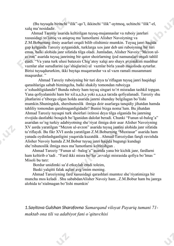 er navoiy ham , z.m.bobur ham bu janrga alohida to’xtalmagan bo’lishi mumkin1 1.sayitova gulshan sharofovna samarqand viloyat payariq tumani 71-maktab ona tili va adabiyot fani o’qituvchisi asosiy qism o’zbek mumtoz she’riyati janr e’tibori bilan juda boy va xilma-xildir. undagi janrlar faqat shakliy belgilari, paydo bo’lish tarixi, taraqqiyot tamoyili yoki mavzu xususiyatlari bilan emas, ifoda usullari, tili, obrazlar tizimi, poetik ruhi jihatidan ham bir- biridan ajralib turadi. har bir lirik janr voqelikni, inson fikr va his-tuyg’ularini o’z badiiy ifoda usullari hamda xarakteriga mos tarzda tasvirlaydi. shuning uchun ularni mohiyat e’tibori bilan biri ikkinchisiga uncha o’xshash bo’lmagan, o’z–o’zicha tugal bir san’at olami deyish mumkin. lirik janrlar tarixi va poetikasiga qiziqish o’zbek adabiyotshunosligida keyingi yillarda ancha jonlandi. ba’zi lirik janrlar haqida u yoki bu san’atkorning adabiy faoliyati bilan bog’liq holda muhim nazariy fikrlar bayon etildi. ayrim janrlar haqida maxsus ilmiy ishlar yuzaga keldi. ammo shunga qaramasdan, bu sohada hali ko’pgina jiddiy tadqiqotlarni amalga …