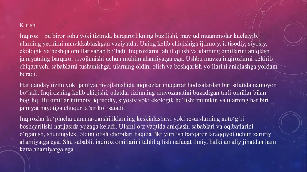 lyatsiya, ishsizlik va moliyaviy muvozanatning buzilishi. misol: 1929–1933 yillardagi buyuk depressiya, buyuk turg’unlik davri. 2 ijtimoiy inqiroz – jamiyatdagi ziddiyatlar, ijtimoiy adolatsizlik yoki noroziliklar. misol: 2020 yildagi covid-19 pandemiyasi natijasida ko‘plab davlatlarda yuzaga kelgan ijtimoiy muammolar. 3 siyosiy inqiroz – hukumat barqarorligining buzilishi, boshqaruvdagi o‘zgarishlar yoki ichki ziddiyatlar. misol: arab bahori (2011 yil). 4.ekologik inqiroz – atrof-muhitga zarar etkazuvchi omillarning kuchayishi.misol: 1986 yildagi chernobil aes halokati. inqirozning iqtisodiy, ijtimoiy va siyosiy sohalardagi o‘rni iqtisodiy soha: inqiroz iqtisodiyotning pasayishiga, resurslar noto‘g‘ri taqsimlanishiga va ishsizlikning ortishiga olib keladi. shu bilan birga, u iqtisodiy tizimni qayta qurish va yangi texnologiyalarni joriy etishga turtki bo‘lishi mumkin. misol: 2008 yilgi global moliyaviy inqirozdan keyin ko‘plab davlatlarda bank tizimlari qayta ko‘rib chiqildi. ijtimoiy soha: inqiroz ijtimoiy tengsizlikni kuchaytirishi, lekin ayni paytda fuqarolik faolligini oshirishi va jamiyatda ijtimoiy adolat uchun kurashni rag‘batlantirishi mumkin. misol: pandemiya davrida yordam ko‘rsatish tarmog‘ining rivojlanishi va xayriya faoliyatining oshishi. siyosiy soha: inqiroz …