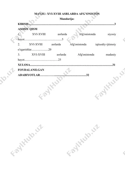 xvi-xviii asrlarda afg’oniston — DOCX