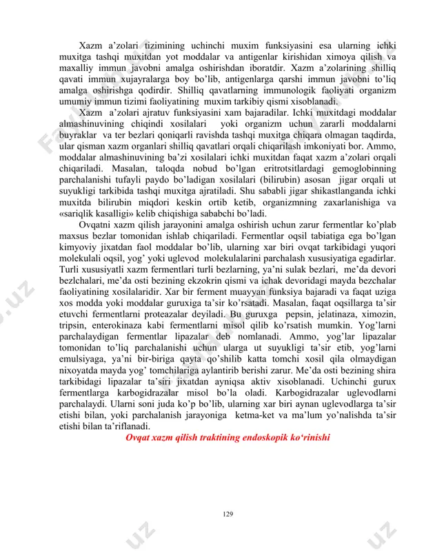 mmun javobni amalga oshirishdan iboratdir. xazm a’zolarining shilliq qavati immun xujayralarga boy bo’lib, antigenlarga qarshi immun javobni to’liq amalga oshirishga qodirdir. shilliq qavatlarning immunologik faoliyati organizm umumiy immun tizimi faoliyatining muxim tarkibiy qismi xisoblanadi. xazm a’zolari ajratuv funksiyasini xam bajaradilar. ichki muxitdagi moddalar almashinuvining chiqindi xosilalari yoki organizm uchun zararli moddalarni buyraklar va ter bezlari qoniqarli ravishda tashqi muxitga chiqara olmagan taqdirda, ular qisman xazm organlari shilliq qavatlari orqali chiqarilash imkoniyati bor. ammo, moddalar almashinuvining ba’zi xosilalari ichki muxitdan faqat xazm a’zolari orqali chiqariladi. masalan, taloqda nobud bo’lgan eritrotsitlardagi gemoglobinning parchalanishi tufayli paydo bo’ladigan xosilalari (bilirubin) asosan jigar orqali ut suyukligi tarkibida tashqi muxitga ajratiladi. shu sababli jigar shikastlanganda ichki muxitda bilirubin miqdori keskin ortib ketib, organizmning zaxarlanishiga va «sariqlik kasalligi» kelib chiqishiga sababchi bo’ladi. ovqatni xazm qilish jarayonini amalga oshirish uchun zarur fermentlar ko’plab maxsus bezlar tomonidan ishlab chiqariladi. fermentlar oqsil tabiatiga ega bo’lgan kimyoviy jixatdan faol moddalar bo’lib, …