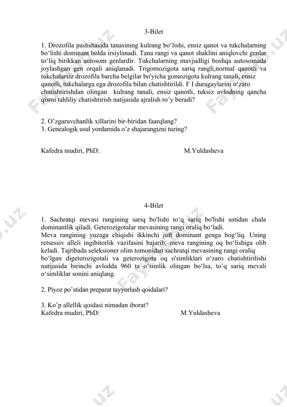 q sariq bo'lishi ustidan chala dominantlik qiladi. geterozigotalar mevasining rangi oraliq bo‘ladi. meva rangining yuzaga chiqishi ikkinchi juft dominant genga bog‘liq. uning retsessiv alleli ingibitorlik vazifasini bajarib, meva rangining oq bo‘lishiga olib keladi. tajribada seleksioner olim tomonidan sachratqi mevasining rangi oraliq bo‘lgan digeterozigotali va geterozigota oq o'simliklari o‘zaro chatishtirilishi natijasida birinchi avlodda 960 ta o‘simlik olingan bo‘lsa, to’q sariq mevali o‘simliklar sonini aniqlang. 2. piyoz po’stidan preparat tayyorlash qoidalari? 3. ko’p allellik qoidasi nimadan iborat? kafedra mudiri, phd: m.yuldasheva 5-bilet 1. pashshlarda qanotining qayrilgan holatda bo‘lishi genlarning geterozigota holatda bo'lishiga bog'liq. dominant gomozigota holatda bu gen embrional davrda o‘limga olib keladi. qayrilgan qanotli pashshlarda tuxumdan 300 ta avlod chiqqan bo’lsa. shulardan nechtasini qanotlari qayrilgan pashshalar tashkil qiladi. 2. eukariot hujayraning organoidlarini izoxlang (rasm yordamida)? 3. kodominantlikni tushuntiring? kafedra mudiri, phd: m.yuldasheva 6-bilet 1. makkajo‘xorining 2 ta past bo‘yli navini o‘zaro chatishtirish natijasida f1 da faqat bo‘yi normal duragaylar olingan. f2 …
