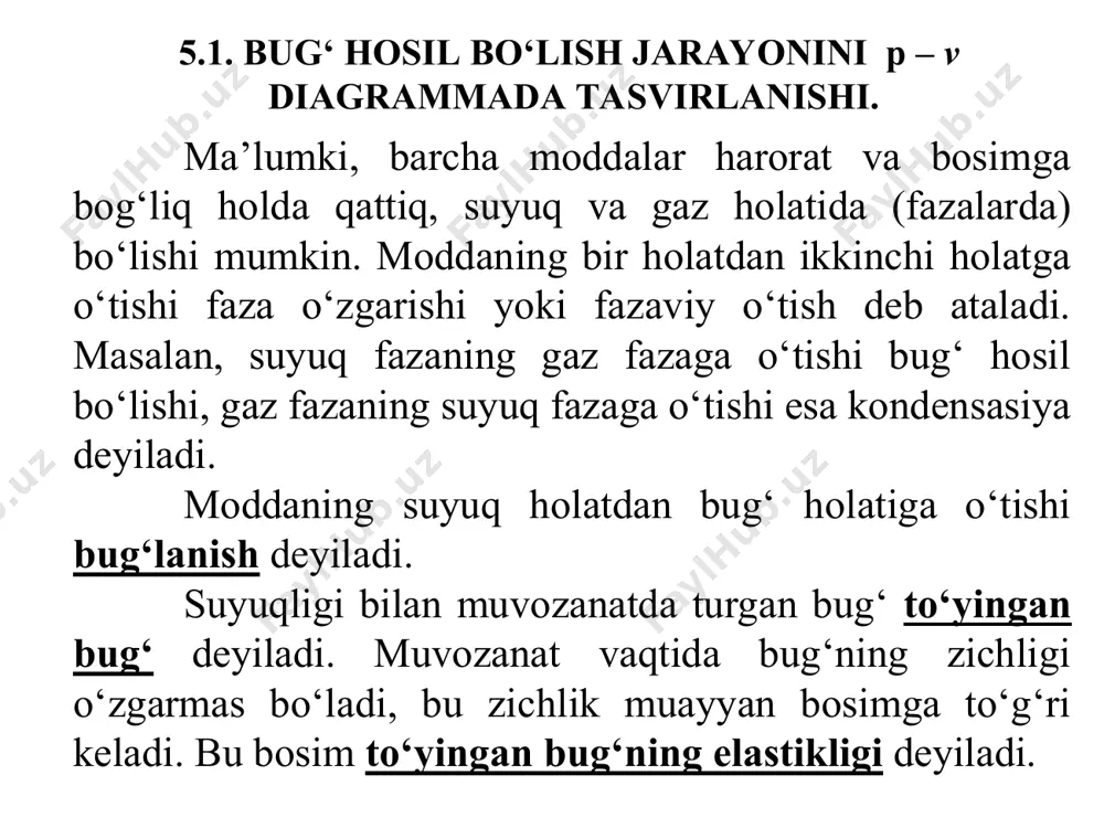 p1 ga mos bo‘lgan qaynash temperaturasi t=t1 da suv qaynaydi va bug‘ hosil bo‘lish boshlanadi (2-nuqta). suv va bug‘ning holatlarining o‘zgarishini pv- va ts – diagrammalarda belgilab boramiz. o‘ta qizigan bug‘ni p=const da hosil bo‘lish jarayoni ketma-ket keladigan uchta fizik jarayondan iborat: 1) suyuqlikni to‘yinish temperaturasigacha (tt) isitish; 2) tt = const da bug‘ hosil bo‘lishi; 3) bug‘ni o‘ta qizdirish va buning natijasida uning temperaturasini ko‘tarilishi. 2-nuqtada porshen ostida 1–fazali tizim, ya’ni suv bo‘ladi. tashqaridan beriladigan issiqlik miqdori ortib borgan sayin temperatura o‘zgarmaydi, bug‘ning miqdori ortib, suvniki kamayadi (3-nuqtagacha). 2-3 jarayonda quruq bug‘ va suyuqlikdan iborat nam to‘yingan bug‘ hosil bo‘ladi. shu jarayonda porshen ostida ikki fazali tizim (suv + bug‘) bo‘ladi. hajmdagi hamma suv miqdori 3-nuqtada to‘la gaz holatiga o‘tadi, ya’ni to‘yingan quruq bug‘ hosil bo‘ladi. jadal bug‘lanish o‘zgarmas bosim (p1=const) ostida sodir bo‘lganda yuqoridagi jarayon ham izobarik, ham izotermik bo‘ladi. ma’lumki, nam to‘yingan bug‘ning asosiy tavsifi uning quruqlik …