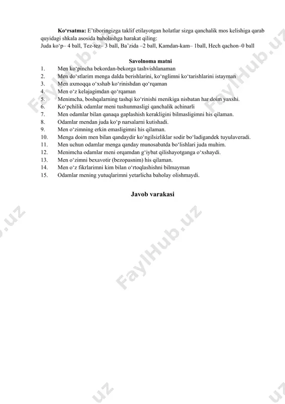 a bekordan-bekorga tashvishlanaman 1. men do‘stlarim menga dalda berishlarini, ko‘nglimni ko‘tarishlarini istayman 1. men axmoqqa o‘xshab ko‘rinishdan qo‘rqaman 1. men o‘z kelajagimdan qo‘rqaman 1. menimcha, boshqalarning tashqi ko‘rinishi menikiga nisbatan har doim yaxshi. 1. ko‘pchilik odamlar meni tushunmasligi qanchalik achinarli 1. men odamlar bilan qanaqa gaplashish kerakligini bilmasligimni his qilaman. 1. odamlar mendan juda ko‘p narsalarni kutishadi. 1. men o‘zimning erkin emasligimni his qilaman. 1. menga doim men bilan qandaydir ko‘ngilsizliklar sodir bo‘ladigandek tuyulaveradi. 1. men uchun odamlar menga qanday munosabatda bo‘lishlari juda muhim. 1. menimcha odamlar meni orqamdan g‘iybat qilishayotganga o‘xshaydi. 1. men o‘zimni bexavotir (bezopasnim) his qilaman. 1. men o‘z fikrlarimni kim bilan o‘rtoqlashishni bilmayman 1. odamlar mening yutuqlarimni yetarlicha baholay olishmaydi. javob varakasi “koping-kurash indikatori” metodikasi ushbu metodika d.amirxan tomonidan shaxsning dominant koping-strategiyalarini aniqlashga mo‘ljallangan. metodika n.a.sirotov va v.m.yaltonskiylar tomonidan rus muhitidagi tadqiqotlarni o‘tkazishga moslashtirilgan. metodikaning o‘zbek respondentlariga mo‘ljallangan varianti o‘zbekiston respublikasi bosh prokuraturasi akademiyasida va davlat …