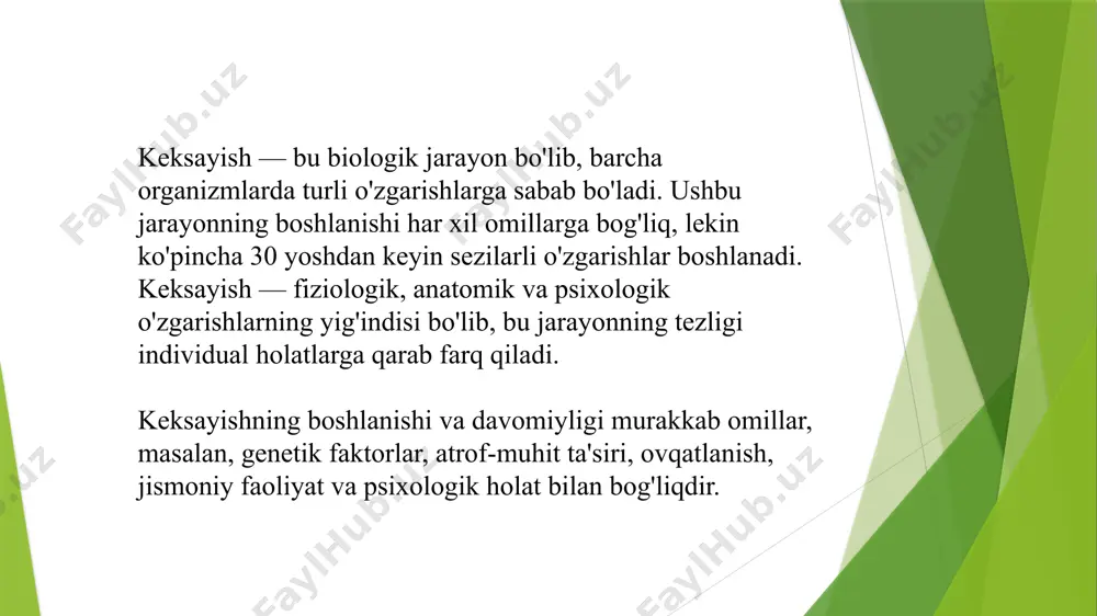 stikligi pasayadi, bu esa sindirish va shikastlanish xavfini oshiradi. erkaklar va ayollarda suyak tizimidagi o'zgarishlar turlicha kechadi: ayollarda estrogen darajasi pasayishi bilan osteoporoz xavfi ortadi. teri o'zgarishlari keksayishning boshlanishi bilan teri elastikligini yo'qotadi. kollagen va elastin moddalari ishlab chiqarilishi kamayadi. bu terining qurishi, ajinlar paydo bo'lishi va yuzning shaklining o'zgarishiga olib keladi. teri yanada nozik bo'ladi va tezroq shikastlanadi. melanin ishlab chiqarilishining kamayishi natijasida pigmentli dog'lar va teri to'qimalarining o'zgarishi kuzatiladi. yurak va qon tomirlari tizimidagi o'zgarishlar keksayish davrida yurakning to'liq samaradorligi pasayadi, bu esa yurak kasalliklari xavfini oshiradi. yurakning chiqish qobiliyati kamayadi. qon tomirlari elastikligini yo'qotadi, natijada qon bosimi oshadi, bu esa gipertenziya va boshqa yurak-qon tomir kasalliklarini keltirib chiqarishi mumkin. kapillyarlar va arteriyalar torayadi, bu esa qon aylanishining sekinlashishiga olib keladi. nafas olish tizimidagi o'zgarishlar o'pkaning elastikligi pasayadi, bu esa nafas olishda qiyinchiliklarga olib keladi. nafas olishdagi samaradorlik kamayadi. o'pka hajmi kichrayadi, o'pka va diafragma muskullari zaiflashadi, bu …