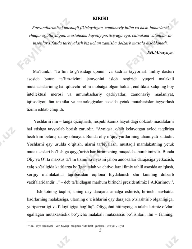 ni taqozo etmoqda. hozirgi sharoitda ilmiy kadrlar tayyorlash jarayonini tobora jadal rivojlantirish va sifatini oshirish, iqtidorli yoshlarni ilm-fanga keng jalb qilish, oliy ta’lim va ilmiy muassasalarning ilmiy salohiyatini mustahkamlash va undan respublikaning innovatsion rivojlanishida samarali foydalanish masalalari alohida ahamiyat kasb etmoqda. o‘zbekiston respublikasining prezidenti shavkat mirziyoyev 2020.09.23 kuni yangi tahrirdagi “ta’lim to‘g‘risida”gi qonunni imzoladi.4 qonunga muvofiq, o‘zbekistondagi ta’lim turlari quyidagilardan iborat: · maktabgacha ta’lim va tarbiya; · umumiy o‘rta va o‘rta maxsus ta’lim; · professional ta’lim; · oliy ta’lim; · oliy ta’limdan keyingi ta’lim; · kadrlarni qayta tayyorlash va ularning malakasini oshirish; · maktabdan tashqari ta’lim. umumiy o‘rta ta’lim 1-11-sinflarni o‘z ichiga oladi. o‘rta-maxsus ta’lim akademik litseylarda 9 yillik tayanch o‘rta ta’lim asosida 2 yil mobaynida amalga oshiriladi. professional ta’lim boshlang‘ich, o‘rta va o‘rta maxsus professional ta’lim darajalariga ajratiladi. boshlang‘ich professional ta’lim kasb-hunar maktablarida 9-sinf bitiruvchilari negizida kunduzgi ta’lim shaklida 2 yillik integratsiyalashgan dastur asosida bepul amalga oshiriladi. o‘rta professional …