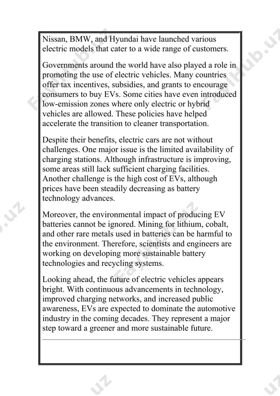 line 14. 15. how are governments supporting evs? a. banning electric cars b. providing free cars c. offering tax incentives d. removing speed limits 16. 17. why is battery production concerning? a. expensive gas b. mining damages the environment c. too much water used d. heavy noise pollution 18. 19. what is the future outlook of evs? a. declining interest b. likely to disappear c. promising and growing d. replaced by horses 20. ❓ true / false questions 1. electric vehicles run on gasoline. → false 2. 3. evs are more environmentally friendly than gas-powered cars. → true 4. 5. tesla was the first company to invent electric cars. → false 6. 7. charging stations are available everywhere. → false 8. 9. electric motors produce no emissions. → true 10. 11. evs were never popular in the 19th century. → false 12. 13. battery production has no environmental impact. → …