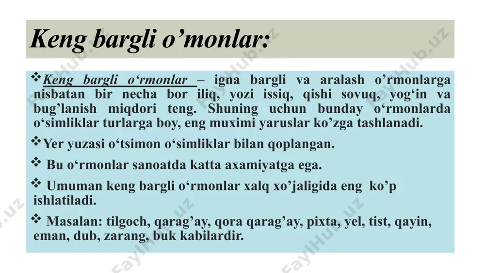 . shunday qilib, bargli o‘rmonlarda o‘suvchi turli o‘simliklar turlicha hayot kechirishga moslashgan. osiyodagi keng bargli o‘rmonlar; xitoy, yaponiya va uzoq sharqning janubiy qismida mavjud bo‘lib, ular o‘zining janubiy chegaralarida, ya’ni ussuriya o‘lkasida subtropik o‘rmonlar bilan tutashadi. uzoq sharqdagi keng bargli o‘rmonlar juda o‘simliklarga boy. bulardan mongol emani, amur va manchjuriya arg‘uvoni, manchjuriya shumtoli, grab, manjuriya yong‘og‘i, baxmal daraxt yoki amur po‘kak daraxti va qayrag‘ochning bir necha turi keng tarqalgan. bargli o‘rmonlardan qayin o‘rmonlari g‘arbiy sibirda, kamchatkada, eman-zarangarg‘uvon o‘rmonlari esa amur, shimoliy ussuriya va osiyoda uchraydi. shuningdek, keng bargli o‘rmonlar kavkazda (eman va eman-grab o‘rmonlari), o’rta dengiz atrofida (eman o‘rmonlari) tarqalgan. tilog‘och (larix) bo‘yi 30—45 m li daraxt, 500—900 yil yashaydi, yog‘ochi namga chidamli. lak-bo‘yoq sanoatida undan terpentin olinadi. po‘stlog‘idan oshlovchi (dubil) moddalar, bo‘yoq va efir moylari olinadi. tez o‘suvchanligi va serunum xom ashyo berishi bilan eng samarali o‘simlik hisoblanadi. mdh hududidagi o‘rmonlar maydonining 40% ini tilog‘och o‘rmonlari tashkil qiladi. qarag‘ay …