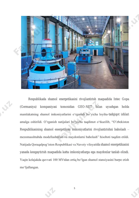 tuproq sharoitini, о‘simliklar о‘zgarishiga va boshqalarga olib kelish mumkin. 8 pastqaynaydigan va antifrizli (zaxarli moddalar) suyuqliklardan foydalanish va ularni uzoq muddat ishlatish vaqtida ularning tuqib ketish, oqib chiqish muqarrarligidan ichimlik suvlarni ifloslanishiga olib kelish mumkin. geliotexnika bilvosita ravishda atrof muhitga ta’sir etadi. uning rivojlanadigan tumanlarida beton, shisha, pо‘lat va boshqalarni ishlab chiqariladigan yirik majmualar qurilishi zarur. quyosh energetikaning atrof muhitga salbi ta’siri quyidagi shakllarda namoyon etadi: - yer maydonlarning ajralishi, ularning degradatsiyasi (yemonlashish) bо‘lish mumkin; - katta material sig‘mli; - zaxarli aralashmalarga ega bо‘lgan ishchi suyuqliklarning tukilib-oqib ketish ehtimoli; - tizimlarini о‘ta qizib ketish va yonib ketish xavfliligi, quyosh tizimlarni qishloq xо‘jalikda foydalanganda mahsulotlarning zaxarli moddalar bilan ifloslanishi; - qes joylashgan tumanda issiqlik balans va namligining о‘zgarishi; - konsentrator va geliostatlarning katta maydonlarga soya tushirish, yerning buzilish htimoli. 20.2. gidroenergetikaning ekologik ta’siri gidroenergetikaning eng muhim ta’siri katta serhosil yer maydonlarni suv ombor ostiga ajratilishidadir. suv omborni tashkil etilishi bilan daryolarning …