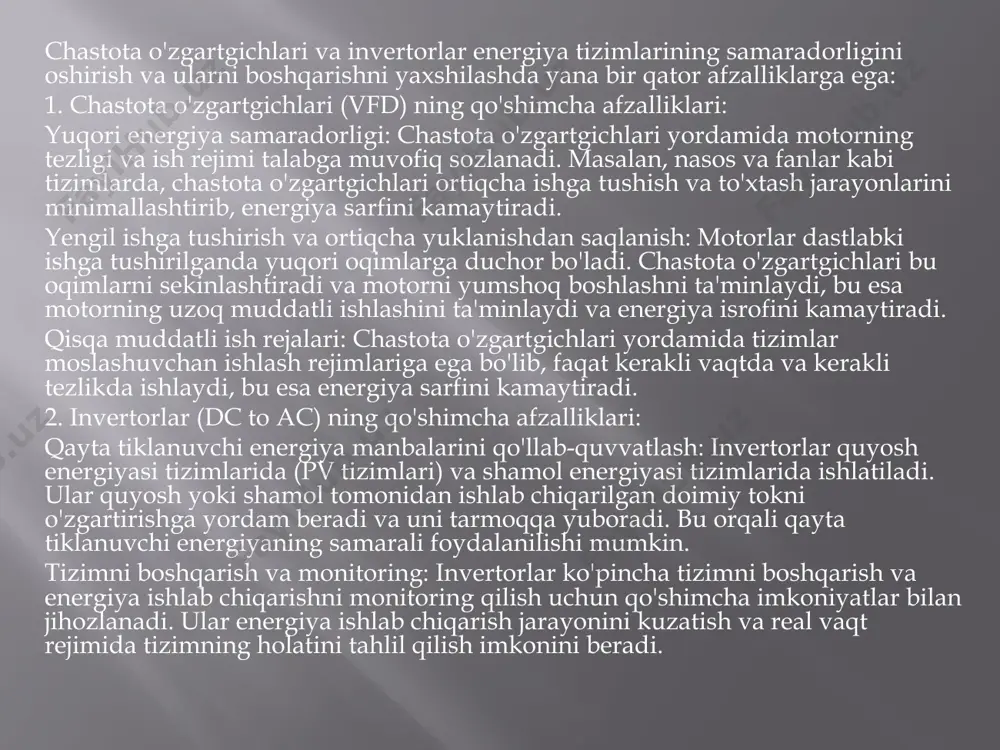zimning ishlash ehtiyojlariga moslashtirishga yordam beradi, bu esa tizimning samaradorligini ta'minlaydi. energiya sifatini boshqarish: invertorlar yordamida energiya sifatini boshqarish osonlashadi. ular o'zgaruvchan tokning uzluksiz va barqaror ta'minotini ta'minlaydi, bu esa elektr jihozlari va tizimlarning to'g'ri ishlashini qo'llab-quvvatlaydi. energiyani qayta ishlatish: ba'zi invertorlar yordamida ortiqcha energiya, masalan, quyosh panelidan yoki boshqa qayta tiklanuvchi manbalaridan olingan energiya tarmoqqa qaytarilishi mumkin. bu energiya qayta ishlatish orqali tizimni yanada samarali ishlatish imkonini beradi. sinxronizatsiya va tarmoq bilan ishlash: invertorlar elektr tarmoqlariga ulanib, ularning stabil ishlashini ta'minlaydi. tarmoq bilan sinxronizatsiya qilish orqali invertorlar qayta tiklanuvchi energiya tizimlarining tarmoqqa uzatilishini va energiya uzatishni samarali boshqarishga yordam beradi chastota o'zgartgichlari va invertorlar birgalikda ishlaganda: ko'p vazifali tizimlar yaratish: chastota o'zgartgichlari va invertorlar birgalikda ishlaganda, yuqori samaradorlikka ega bo'lgan ko'p funktsiyali tizimlar yaratish mumkin. masalan, quyosh energiyasi tizimi va fan yoki nasos tizimlari o'rtasida energiya o'zgarishlarini samarali boshqarish orqali tizimning energiya samaradorligini oshirish mumkin. integratsiyalashgan tizimlar: chastota o'zgartgichlari …