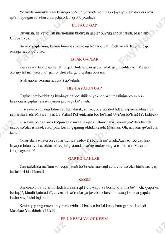si kesimga qo‘shib yoziladi. –chi va -a (-ya)yuklamalari esa o‘zi qo‘shilayotgan so‘zdan chiziqcha bilan ajratib yoziladi. buyruq gap buyurish, da’vat qilish ma’nolarini bildirgan gaplar buyruq gap sanaladi. masalan: chiroyli yoz. buyruq gaplarning kesimi buyruq shaklidagi fe’llar orqali ifodalanadi. buyruq gap oxiriga nuqta qo‘yiladi. istak gaplar kesimi -sashaklidagi fe’llar orqali ifodalangan gaplar istak gap hisoblanadi. masalan: xorijiy tillarni yaxshi o‘rganib, chet ellarga o‘qishga borsam. istak gaplar oxiriga nuqta (.) qo‘yiladi. his-hayajon gap gaplar so‘zlovchining his-hayajoni qo‘shilishi yoki qo‘-shilmasligiga ko‘ra his-hayajonsiz gaplar vahis-hayajon gaplarga bo‘linadi. his-hayajon ohangi bilan aytilgan darak, so‘roq, buyruq shaklidagi gaplar his-hayajon gaplar sanaladi. m a s a l a n: ey vatan! polvonlaring bor bo‘lsin! uyg‘oq bo‘lsin! (y. eshbek) his-hayajon gaplarda ko‘pincha qancha, naqadar, shunchalar, qandayso‘zlari hamda undov so‘zlar ishtirok etadi yoki kesim gapning oldida keladi. masalan: oh, naqadar go‘zal ona tabiat! yozuvda his-hayajon gaplar oxiriga undov (!) belgisi qo‘yiladi.agar so‘roq gap his-hayajon bilan aytilsa, oldin so‘roq belgisi,undan …