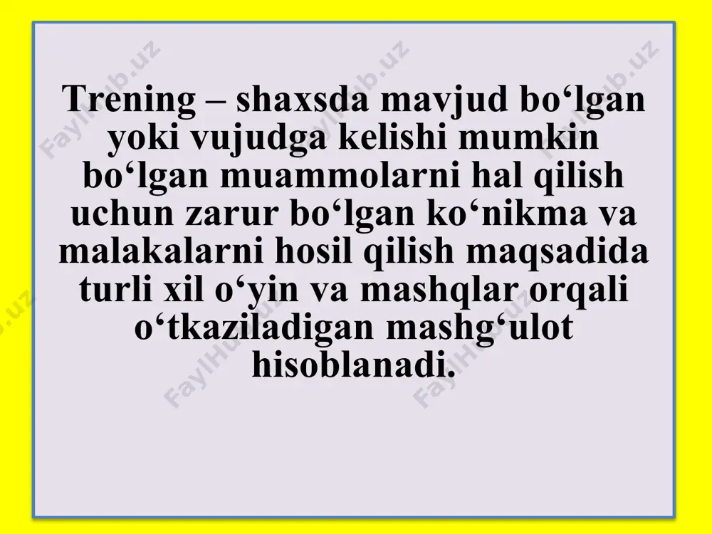 lozim. ixtiyoriylik. trening mashg‘ulotlarida ishtirokchilar uchun o‘z mulohazalarini bayon qilish, munozaralarda, o‘yin va mashqlarda ishtirok etishda ixtiyoriylikni joriy qilish muhim ahamiyatga ega. ya’ni jarayonlarda ishtirokchilar ixtiyoriy ishtirok etmasdan biri-biriga “mulozamat qilishi” vaqtning yo‘qotilishi va muhitning buzilishiga olib keladi. vaqtni tejash yoki reglamentga rioya qilish. guruh ishtirokchilari trening mashg‘uloti davomida gaplarini imkon qadar qisqa, lo‘nda ifodalashi, mavzu doirasidan chetga chiqib ketmasligi lozim. chunki gapni aylantiraverish, gapni uzoqdan boshlab olib kelish, bir fikrni qayta-qayta takrorlayverish kabi holatlar guruh ishtirokchilarining g‘ashiga tegishi bilan birga treningda eng qimmatli bo‘lgan vaqtni bekorga sarflanishiga olib keladi. bu ham ishtirokchilarning noroziligiga va ular orasida do‘stona muhitning buzilishiga olib kelishi mumkin "shaxsni baholamaslik". har bir ishtirokchi o‘z fikr mulohazalarini, hissiyotlarini bayon qilishi mumkin, biroq bunda boshlovchi va qolgan ishtirokchilar hikoya qilinayotgan vaziyatnigina muhokama qilishlari va so‘zlovchining o‘sha paytdagi xulk-atvori, xatti-harakatini baholashdan qochishlari kerak. masalan, "o‘sha paytda siz jahlga berilmasligingiz yoki bunday demasligingiz kerak edi" kabi jumlalarning qo‘llanilishi ishtirokchining …